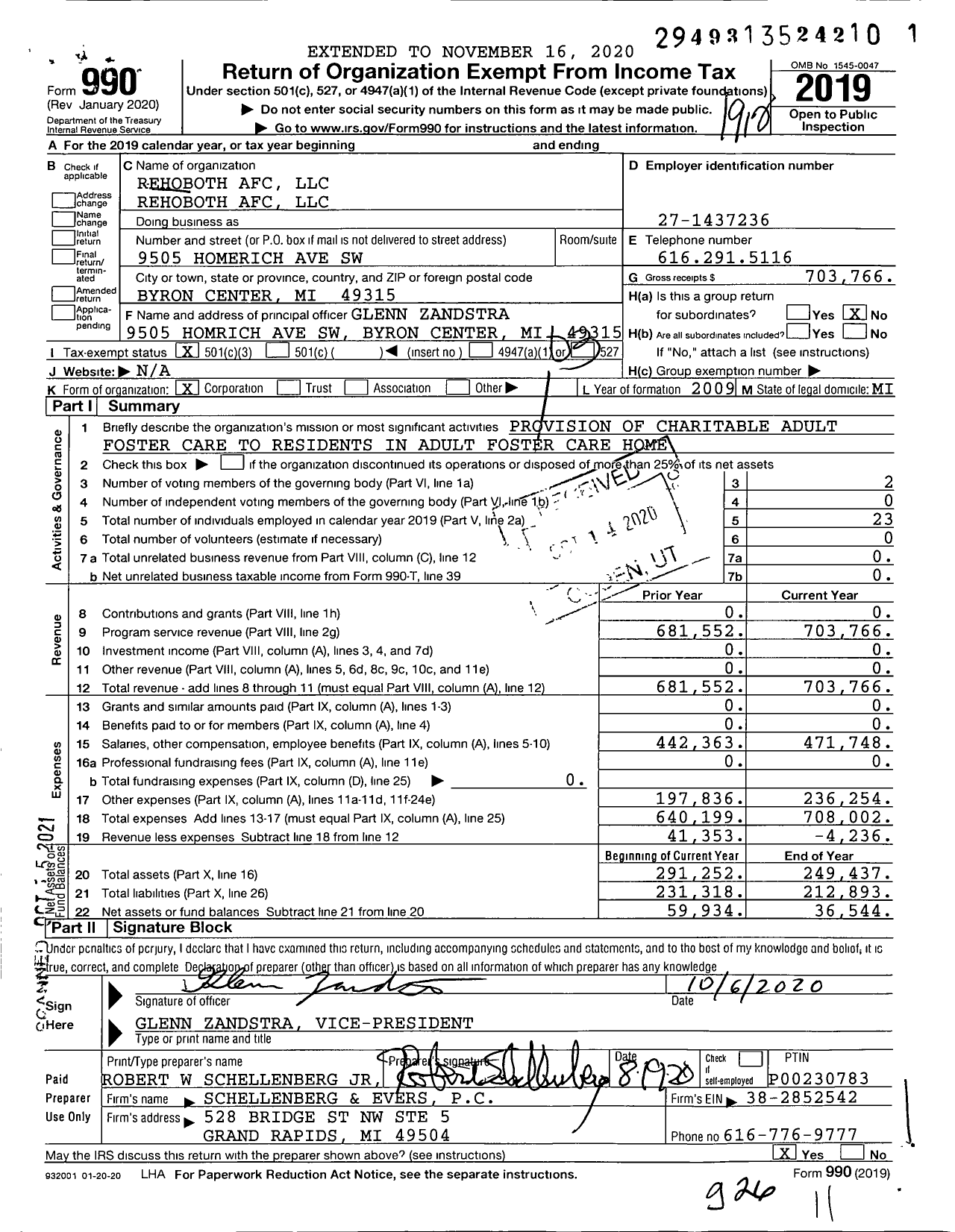 Image of first page of 2019 Form 990 for Rehoboth Afc LLC