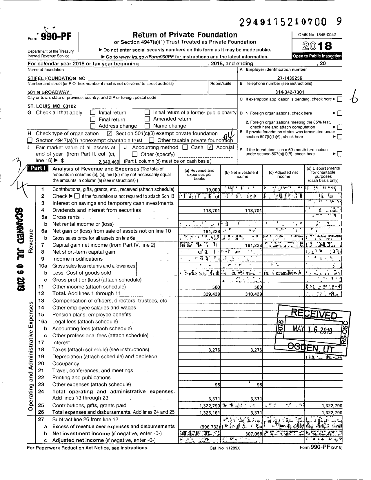 Image of first page of 2018 Form 990PF for Stifel Foundation