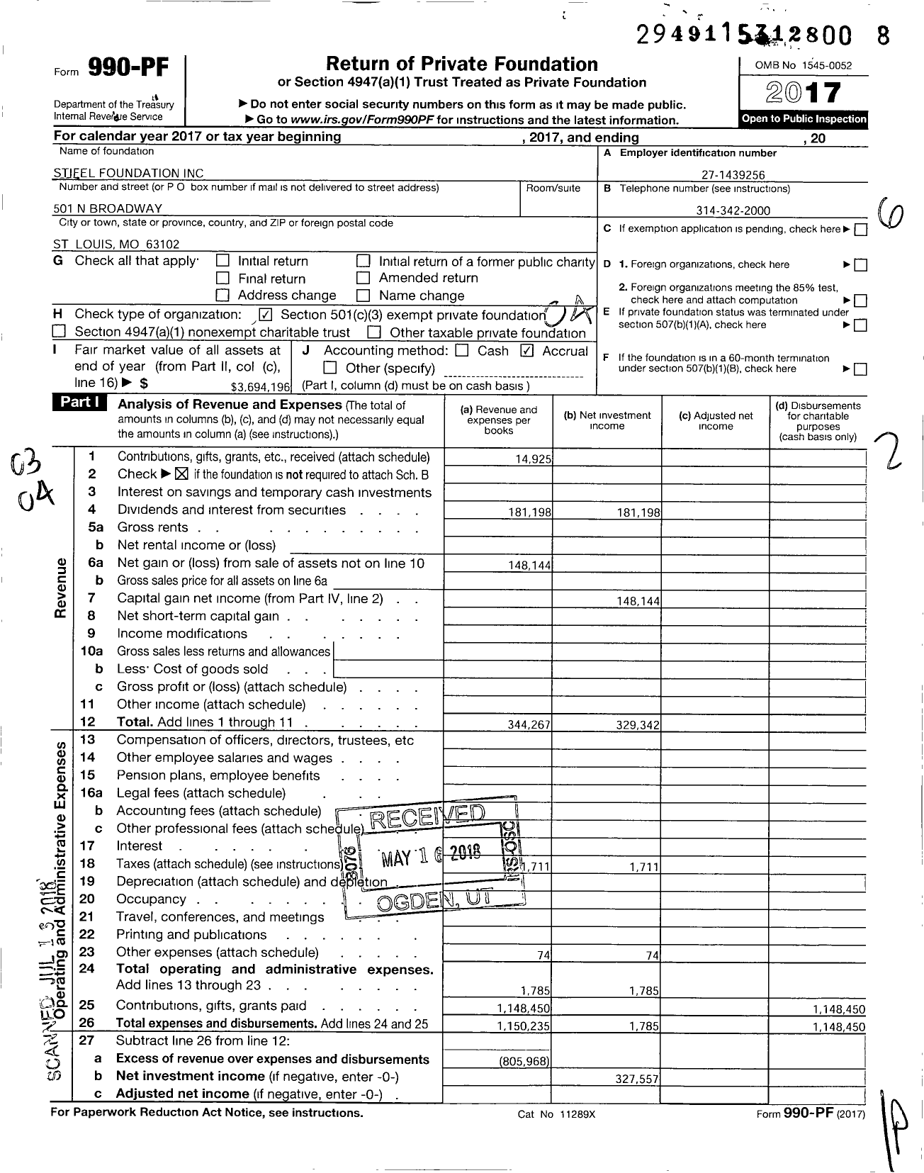 Image of first page of 2017 Form 990PF for Stifel Foundation