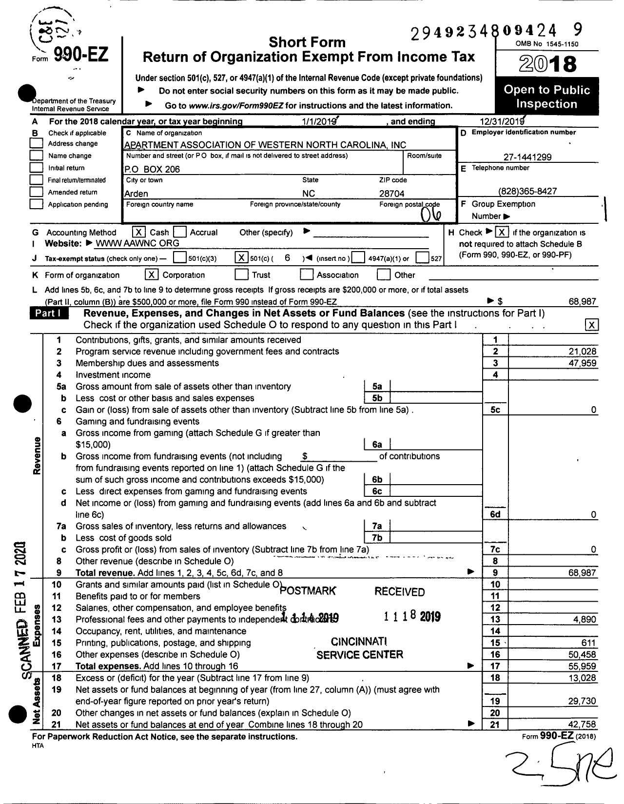 Image of first page of 2019 Form 990EO for Apartment Association of Western North Carolina