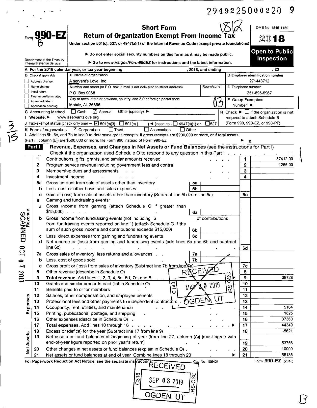 Image of first page of 2018 Form 990EZ for A Servants Love Incorporated (ASL)