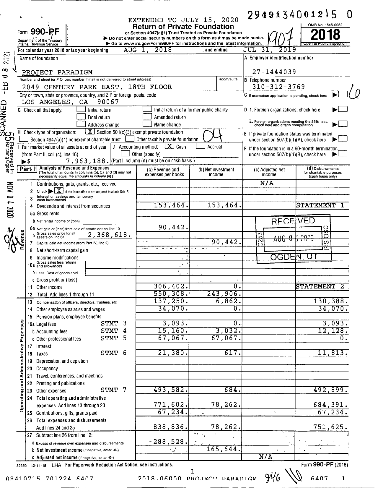 Image of first page of 2018 Form 990PF for Project Paradigm