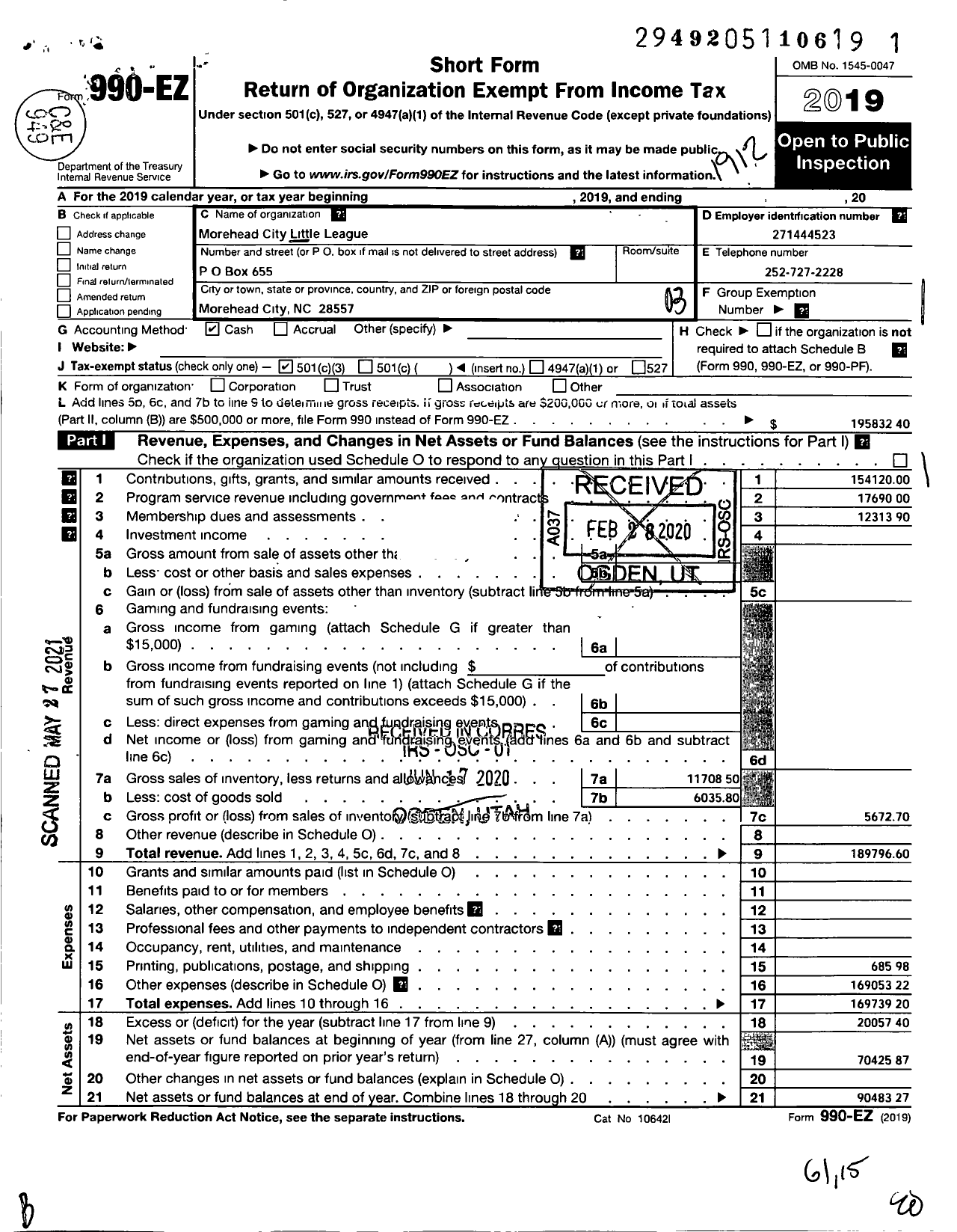 Image of first page of 2019 Form 990EZ for Little League Baseball - 3330405 Morehead City LL