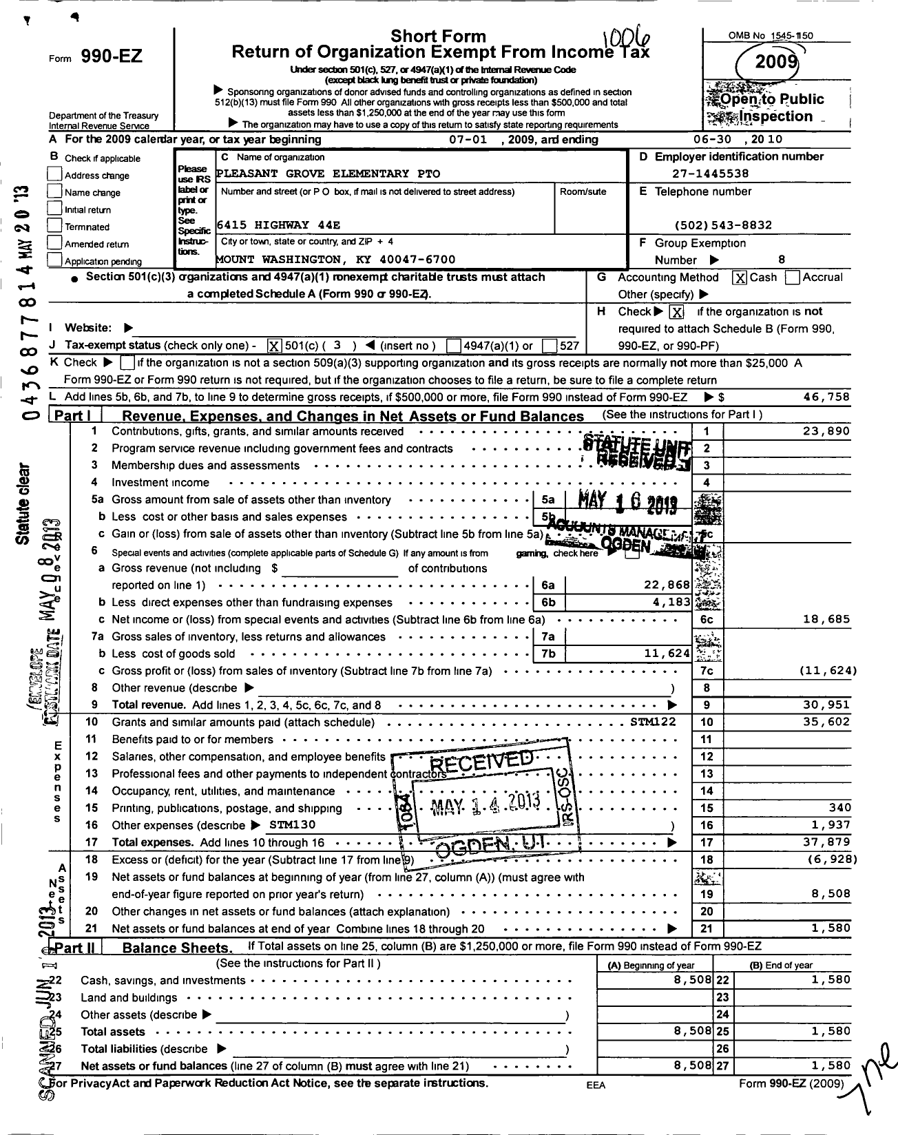 Image of first page of 2009 Form 990EZ for PTA Kentucky Congress / Pleasant Grove Elementary School PT