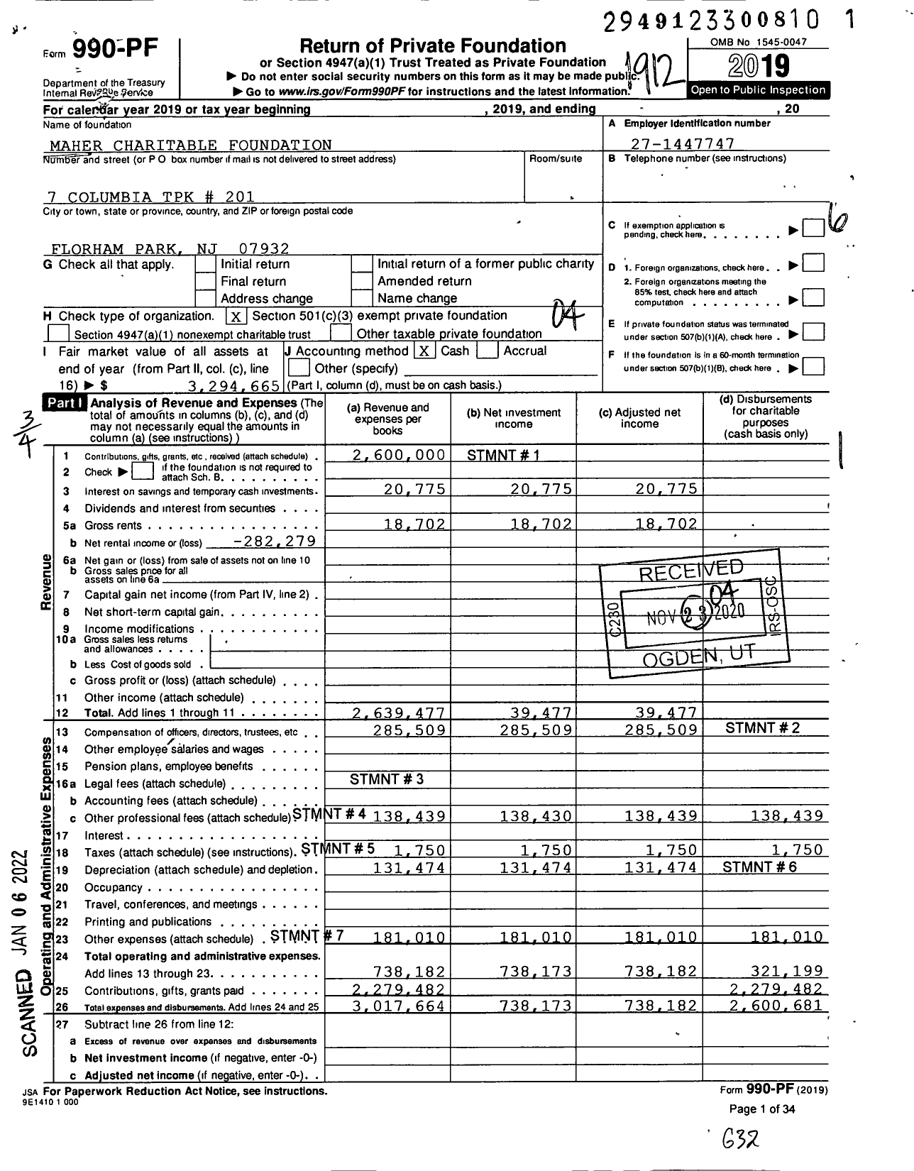 Image of first page of 2019 Form 990PF for Maher Charitable Foundation