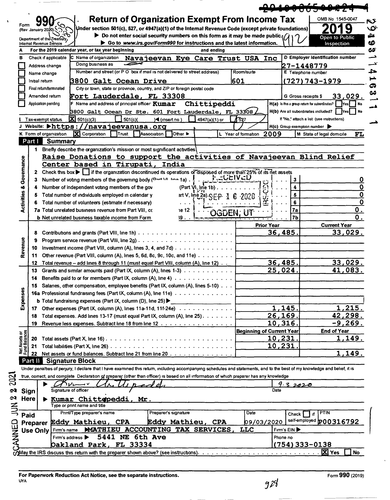 Image of first page of 2019 Form 990 for Navajeevan Eye Care Trust USA