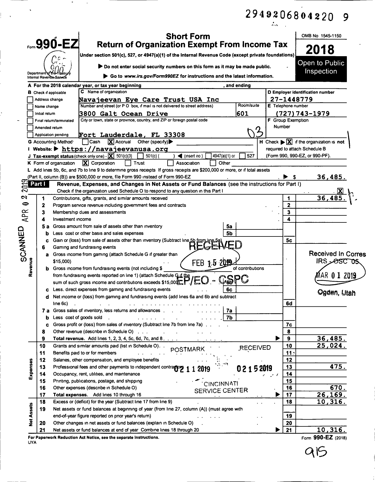 Image of first page of 2018 Form 990EZ for Navajeevan Eye Care Trust USA