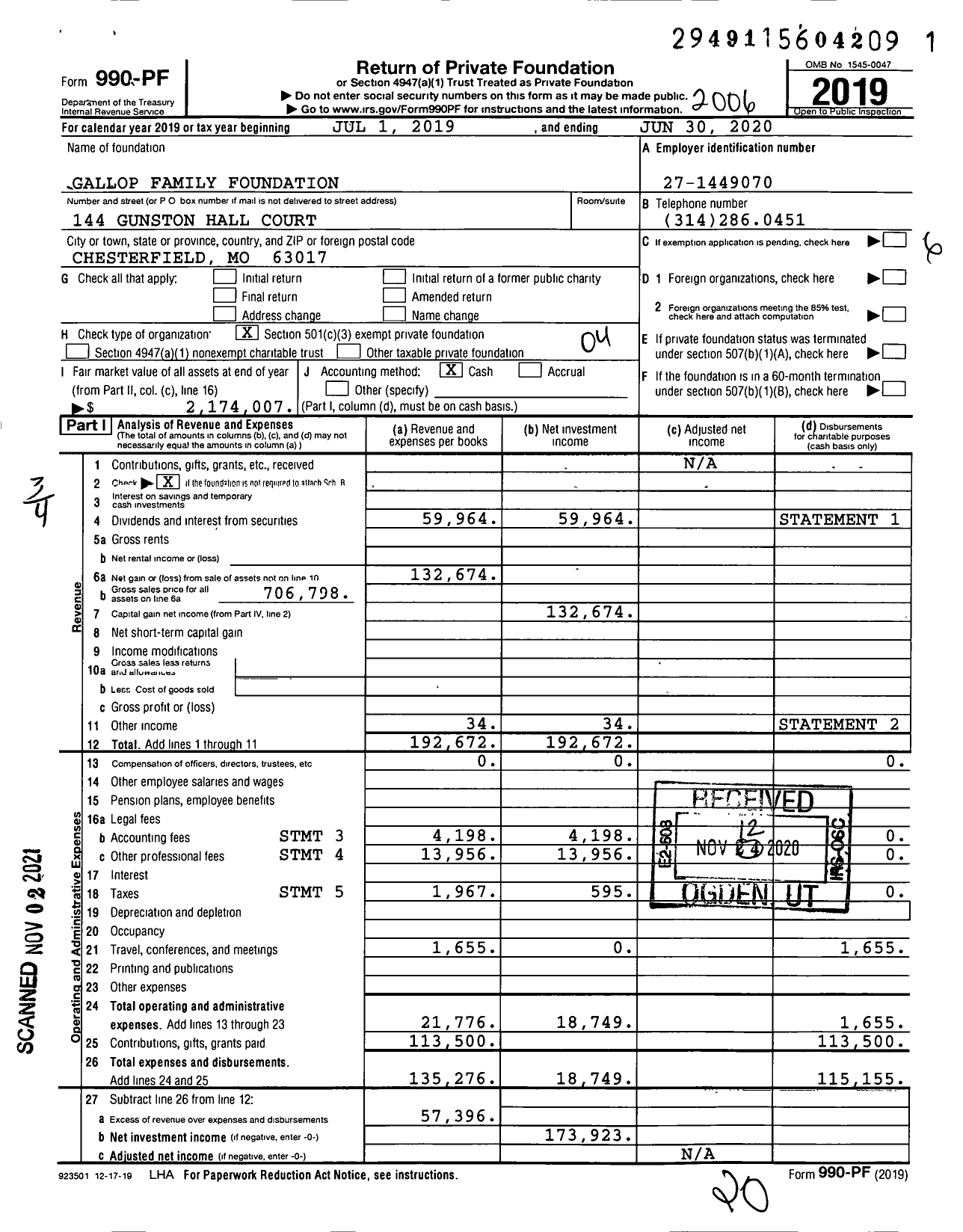 Image of first page of 2019 Form 990PF for Gallop Family Foundation