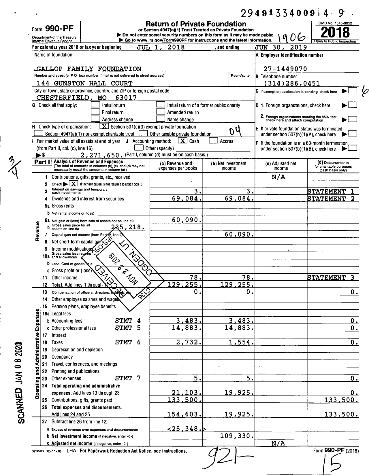 Image of first page of 2018 Form 990PF for Gallop Family Foundation