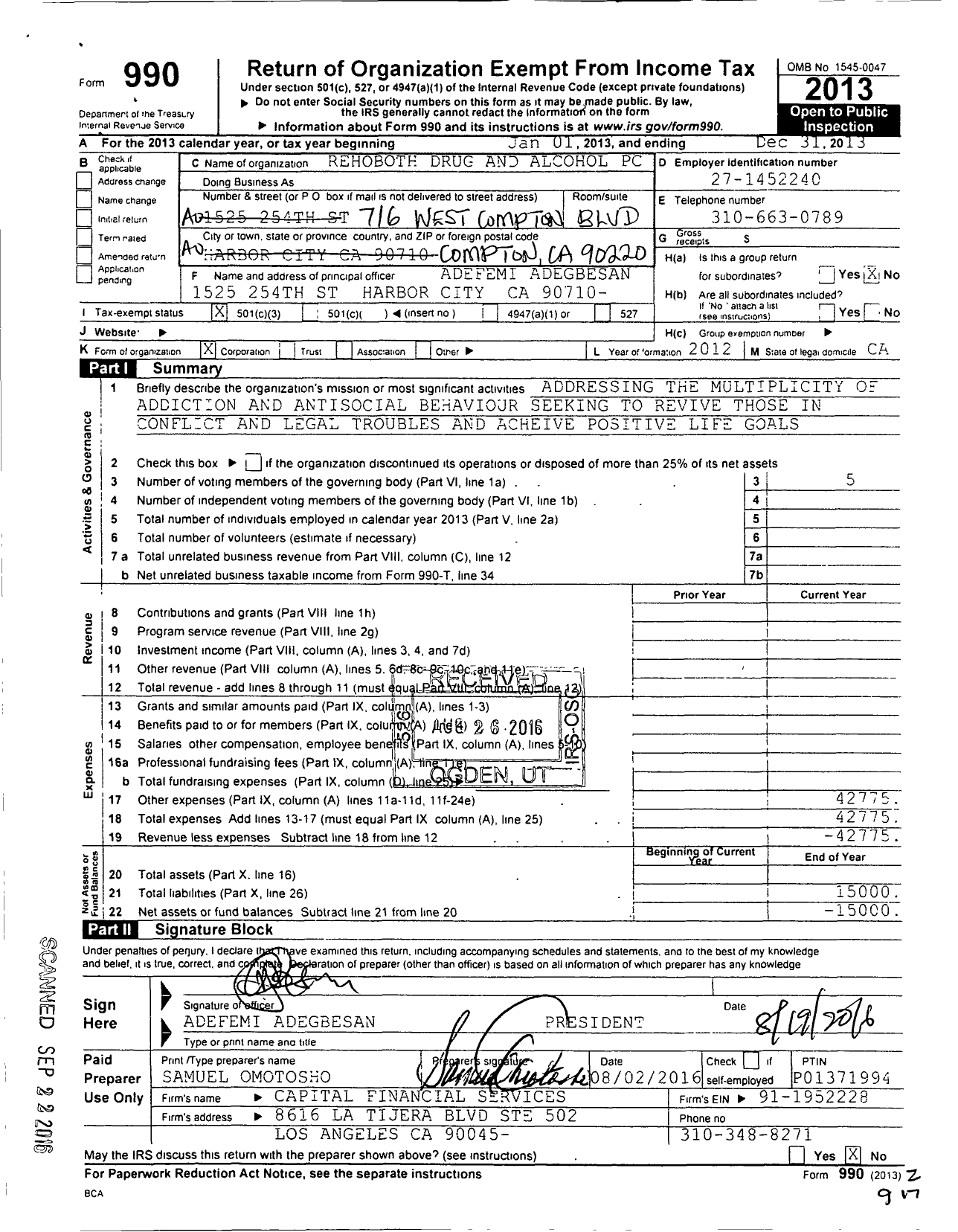 Image of first page of 2013 Form 990 for Rehoboth Drug and Alcohol Prevention Center