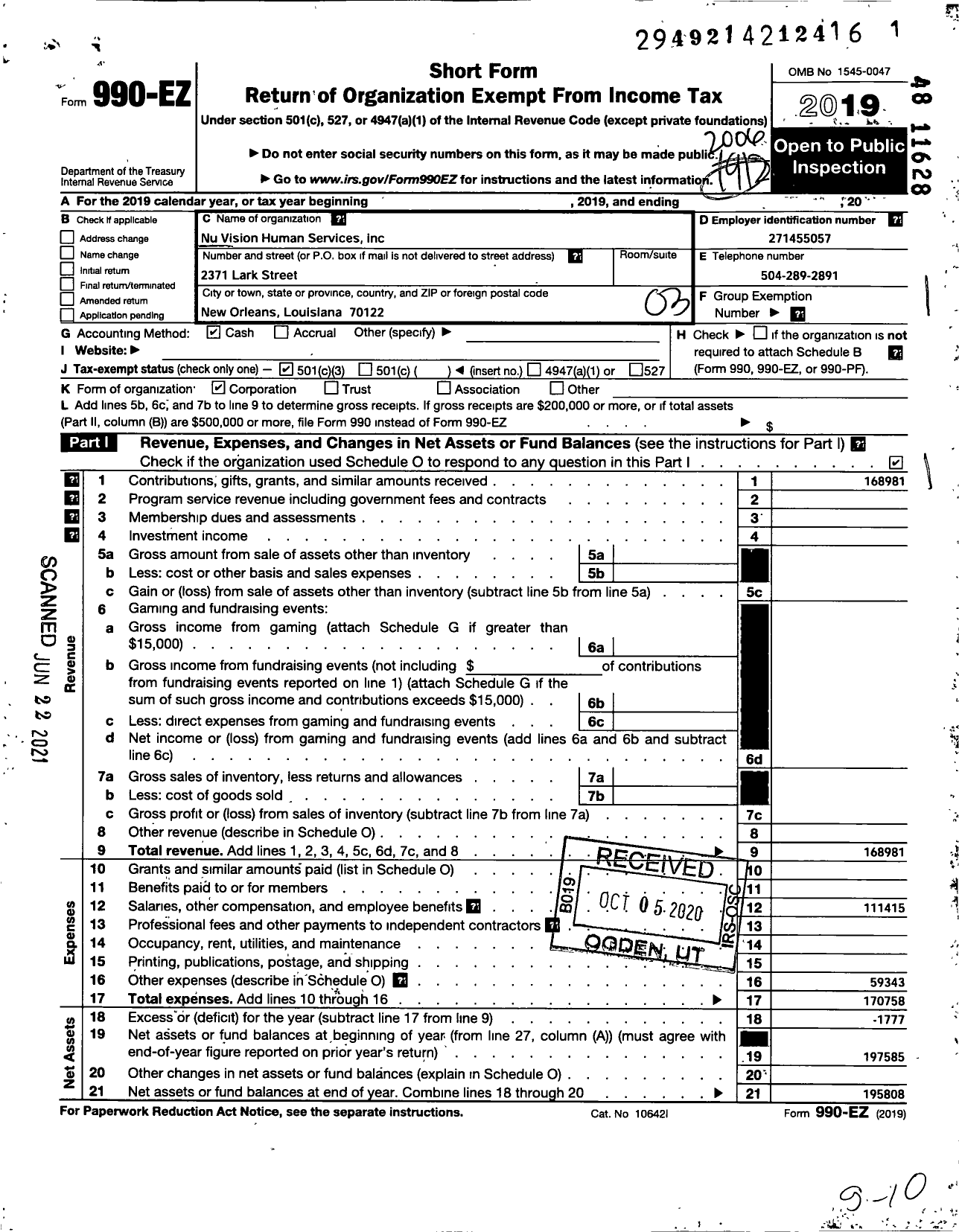 Image of first page of 2019 Form 990EZ for Nuvision Human Services