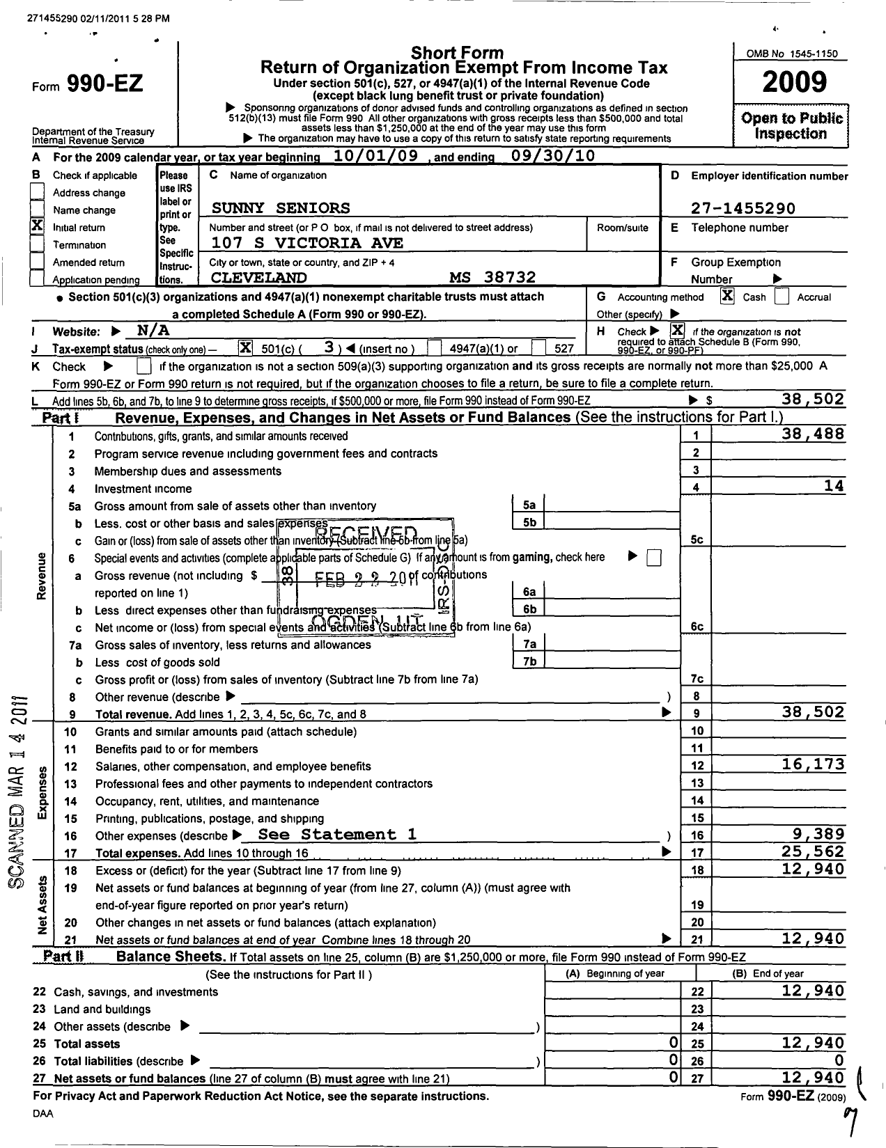 Image of first page of 2009 Form 990EZ for Sunny Seniors