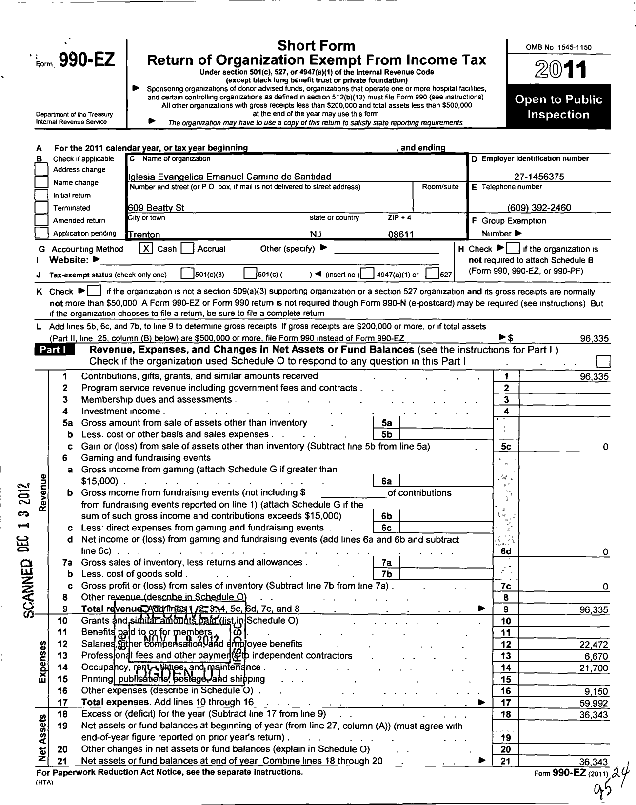 Image of first page of 2011 Form 990EO for Iglesia Evangelica Emanuel Camino de Santidad