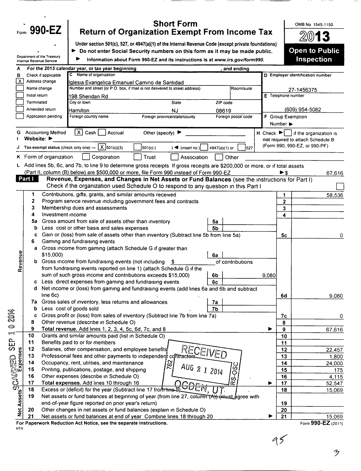 Image of first page of 2013 Form 990EZ for Iglesia Evangelica Emanuel Camino de Santidad