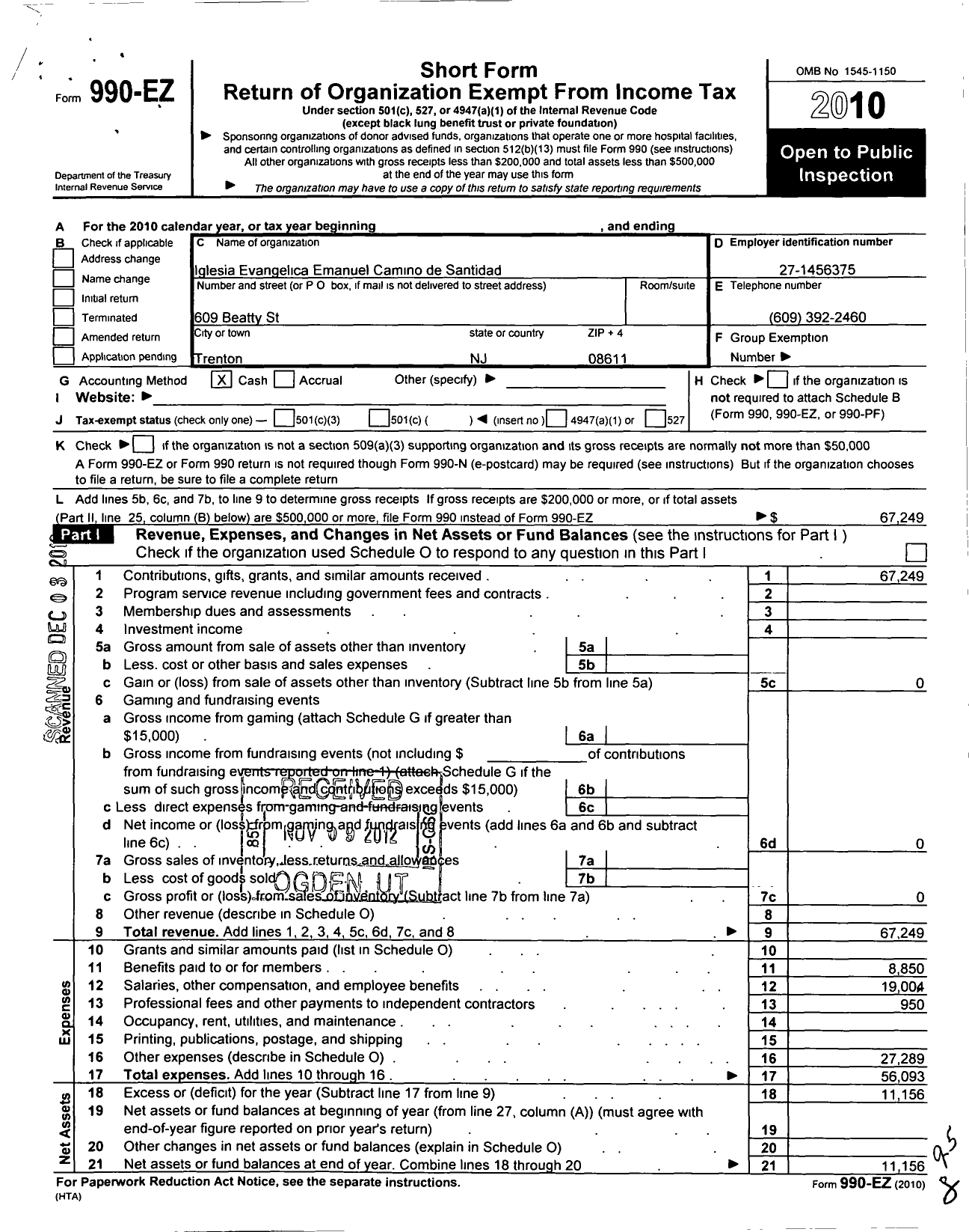 Image of first page of 2010 Form 990EO for Iglesia Evangelica Emanuel Camino de Santidad