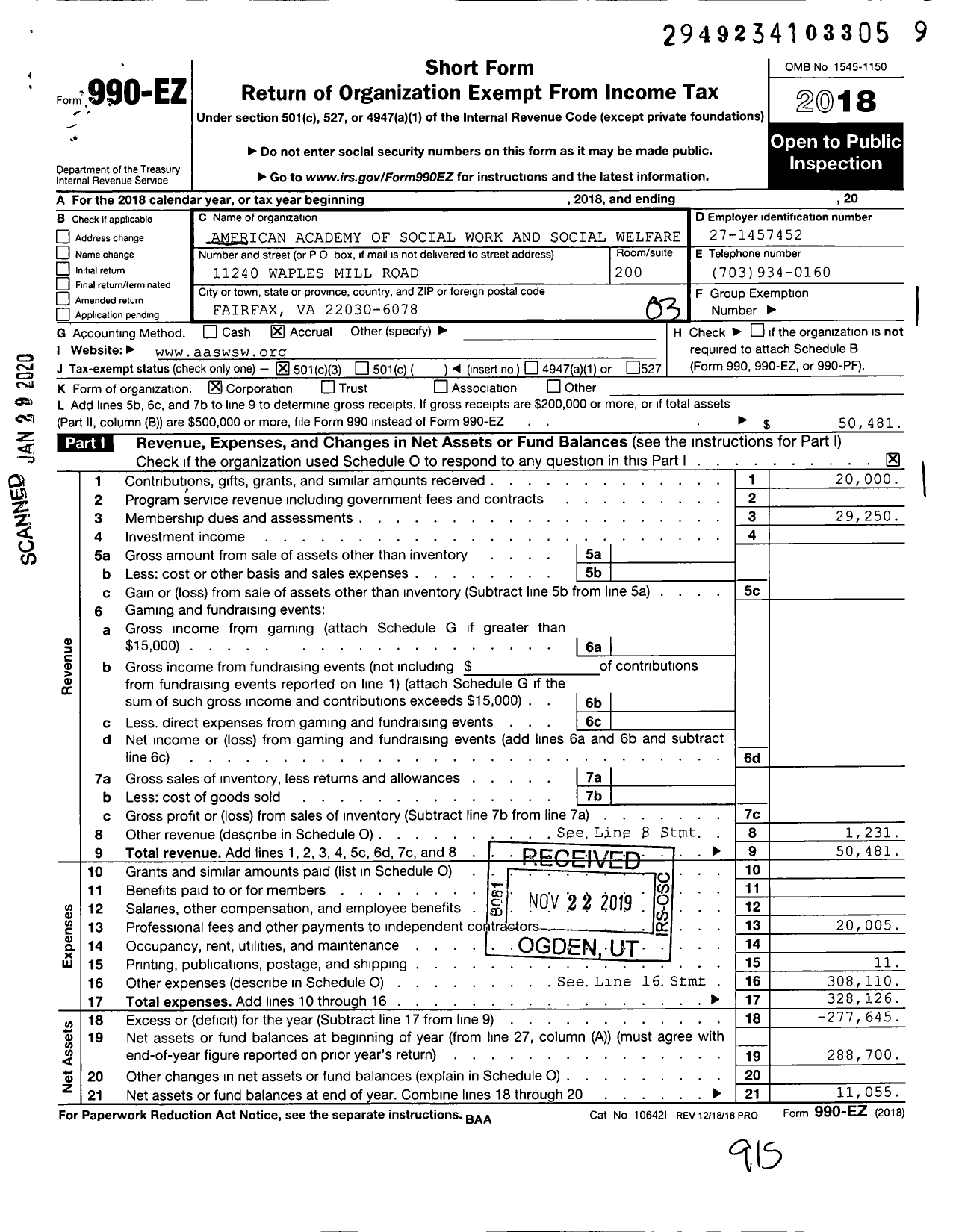 Image of first page of 2018 Form 990EZ for American Academy of Social Work and Social Welfare