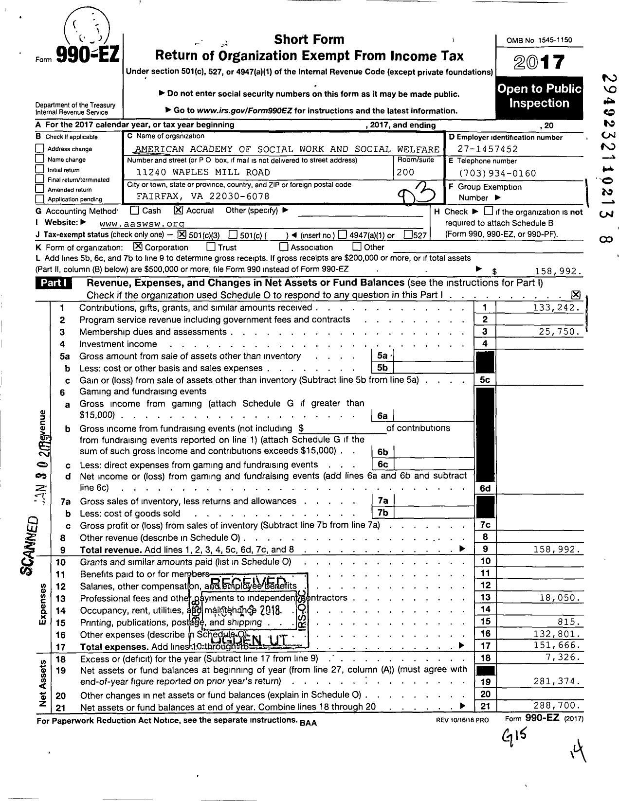 Image of first page of 2017 Form 990EZ for American Academy of Social Work and Social Welfare