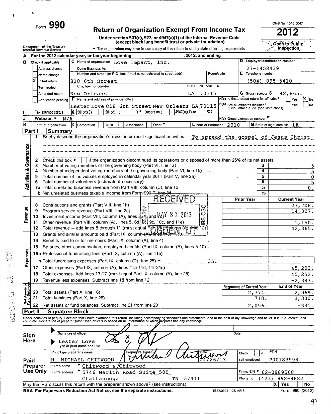 Image of first page of 2012 Form 990 for Love Impact