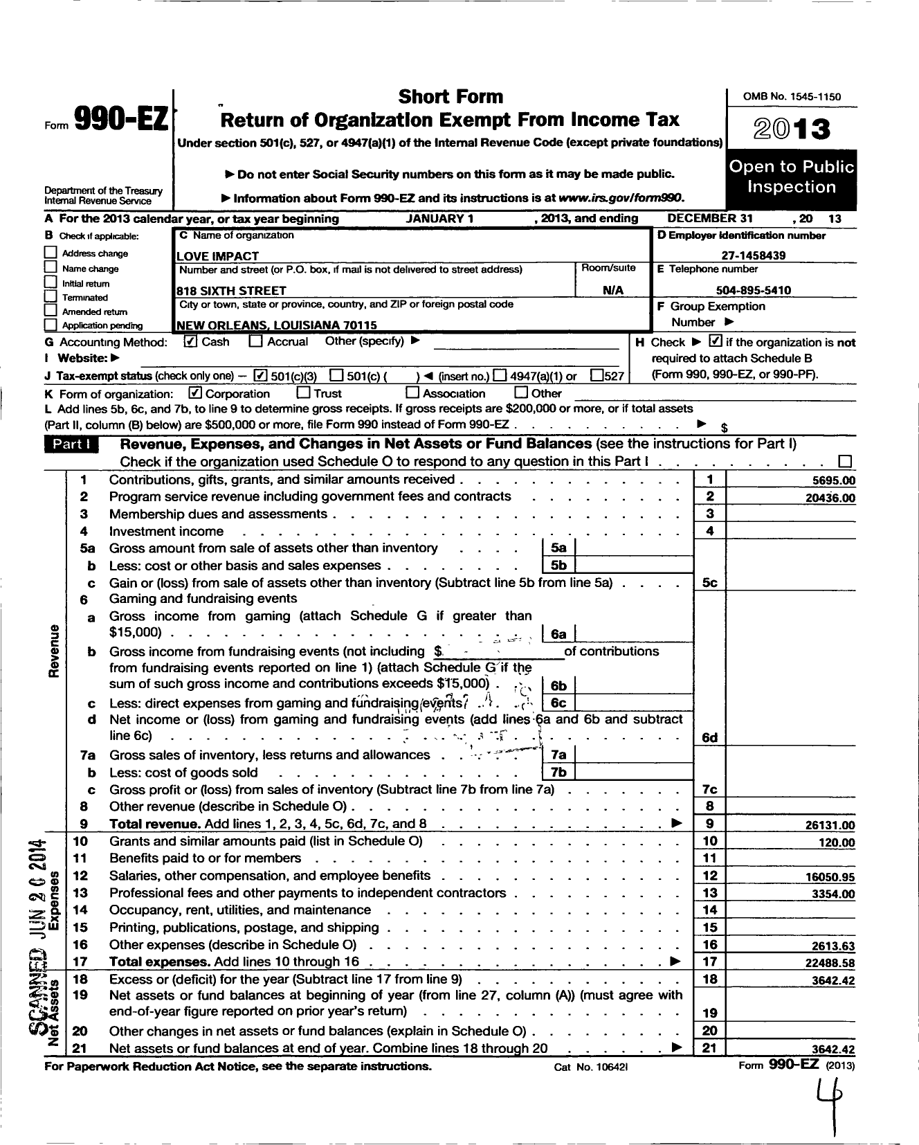 Image of first page of 2013 Form 990EZ for Love Impact