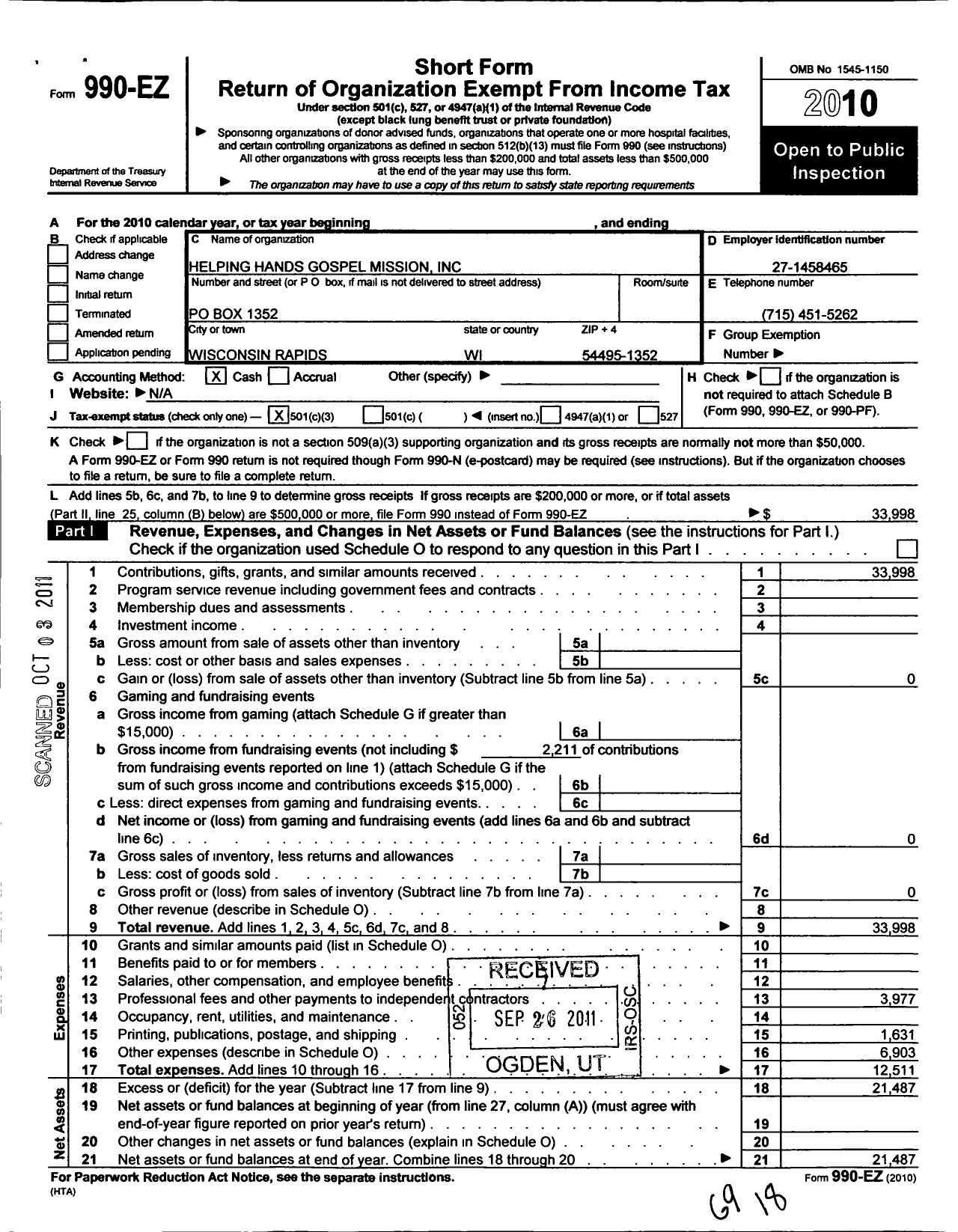 Image of first page of 2010 Form 990EZ for Helping Hands Gospel Mission