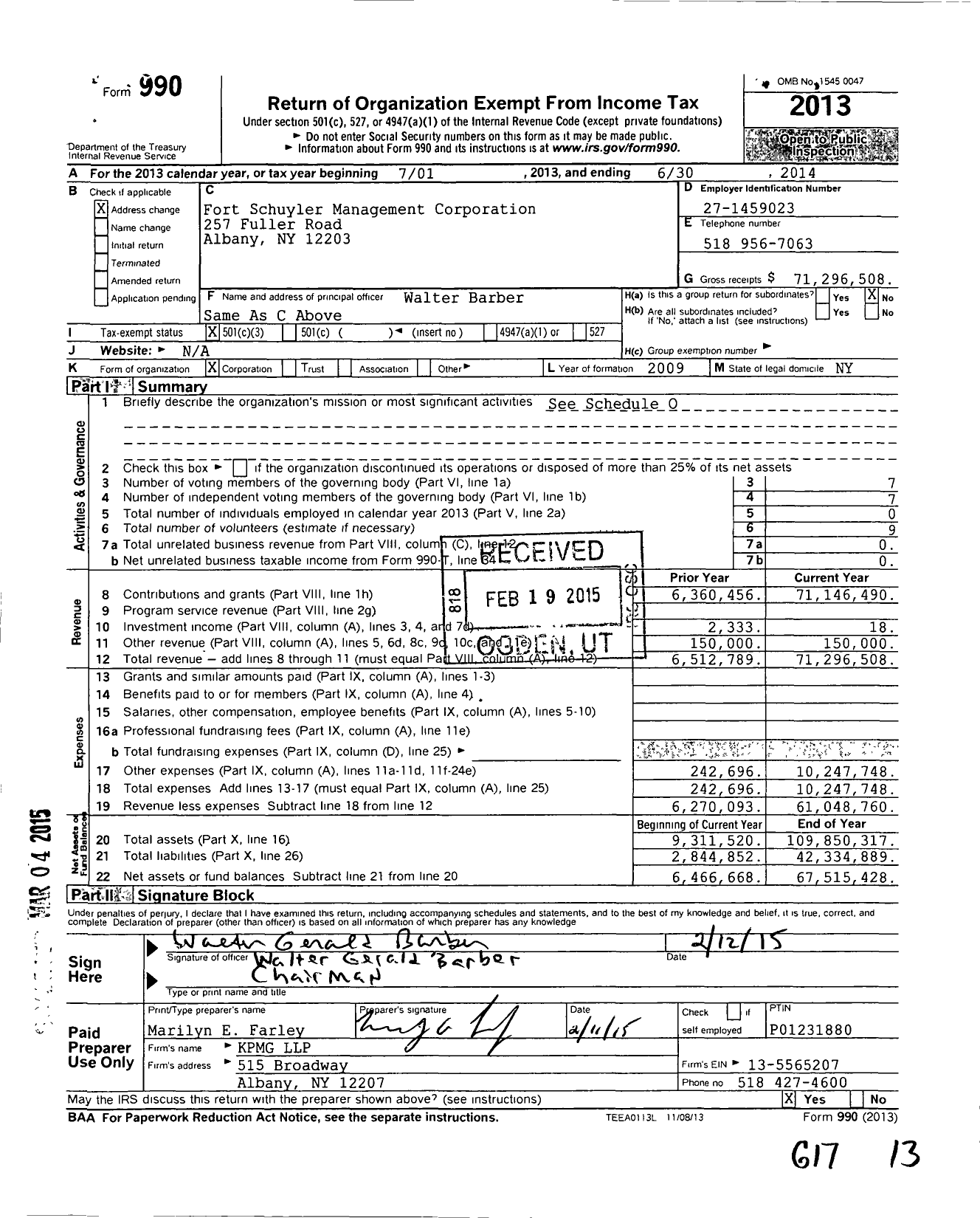 Image of first page of 2013 Form 990 for Fort Schuyler Management Corporation (FSMC)