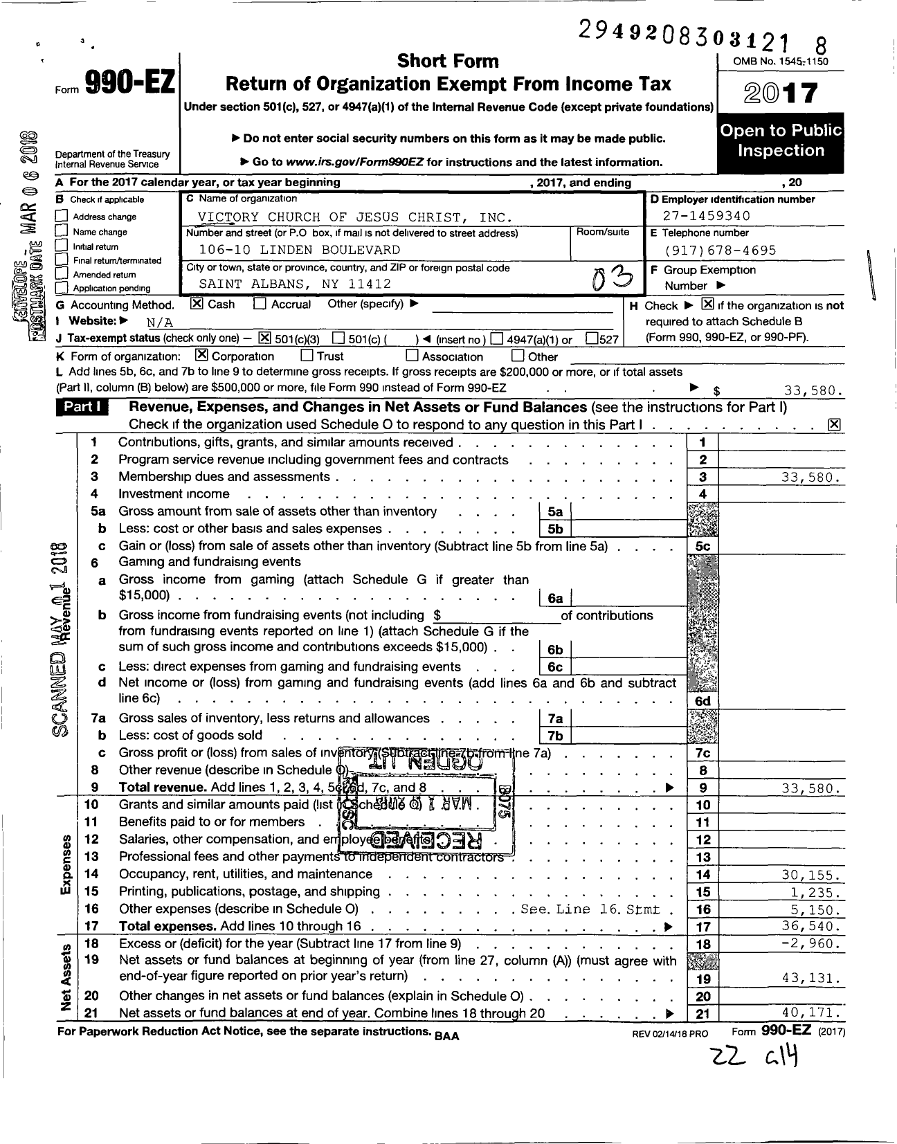 Image of first page of 2017 Form 990EZ for Victory Church of Jesus Christ