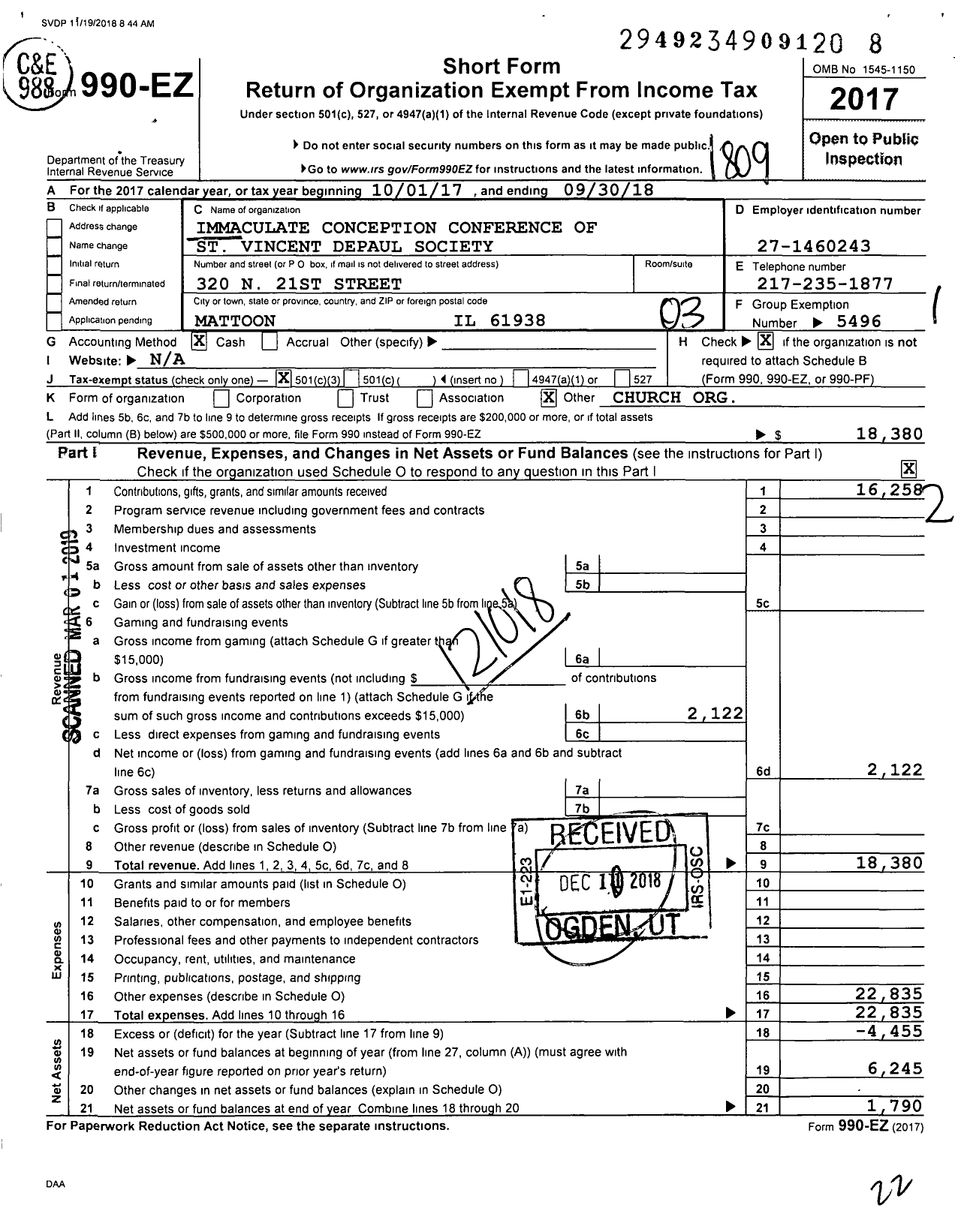 Image of first page of 2017 Form 990EZ for Immaculate Conception Conference of St Vincent Depaul Society