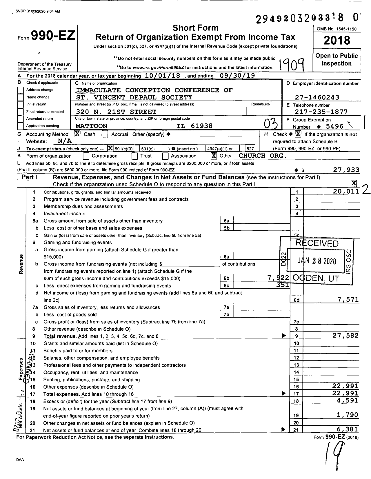 Image of first page of 2018 Form 990EZ for Immaculate Conception Conference of St Vincent Depaul Society