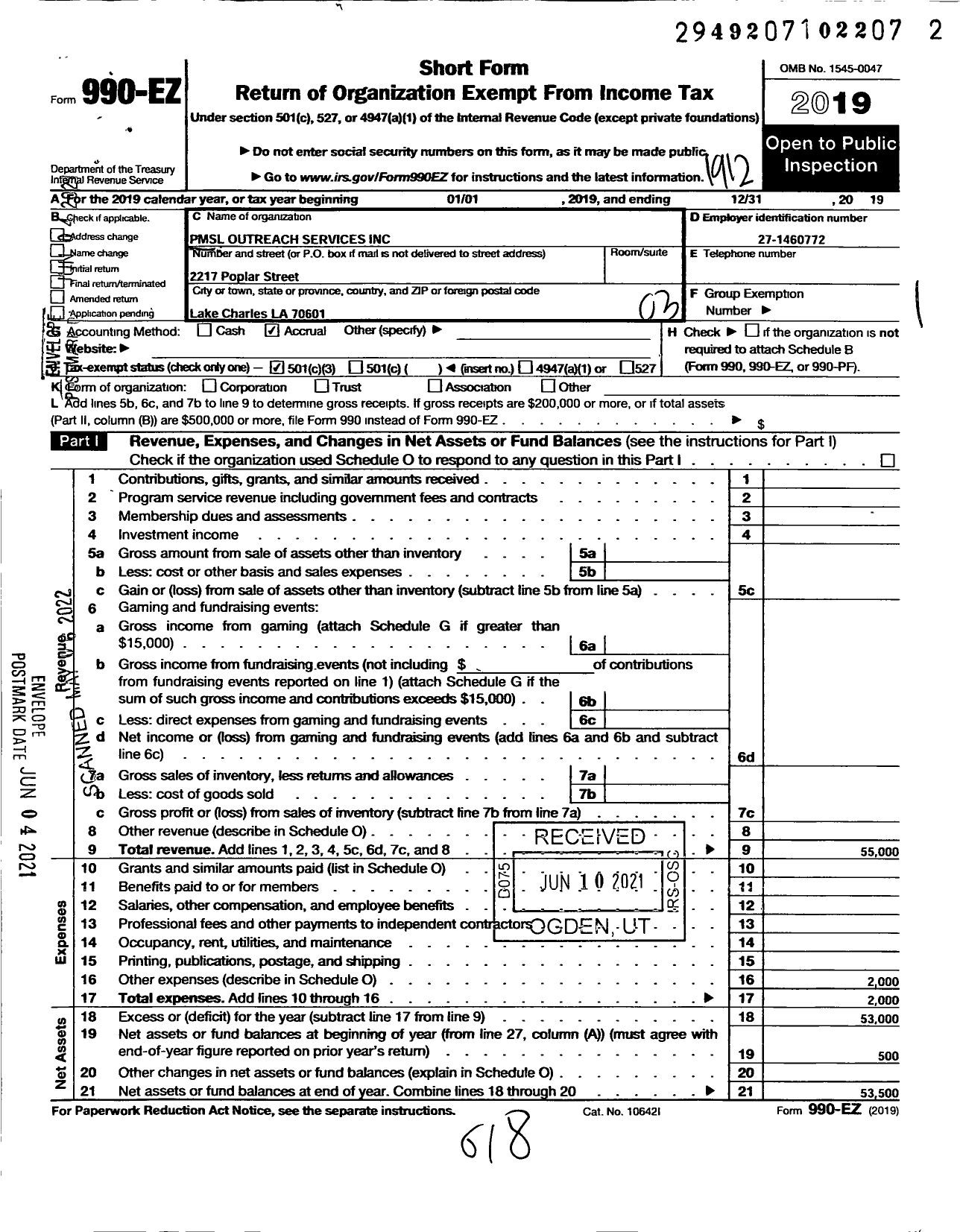 Image of first page of 2019 Form 990EZ for PMSL Outreach Services