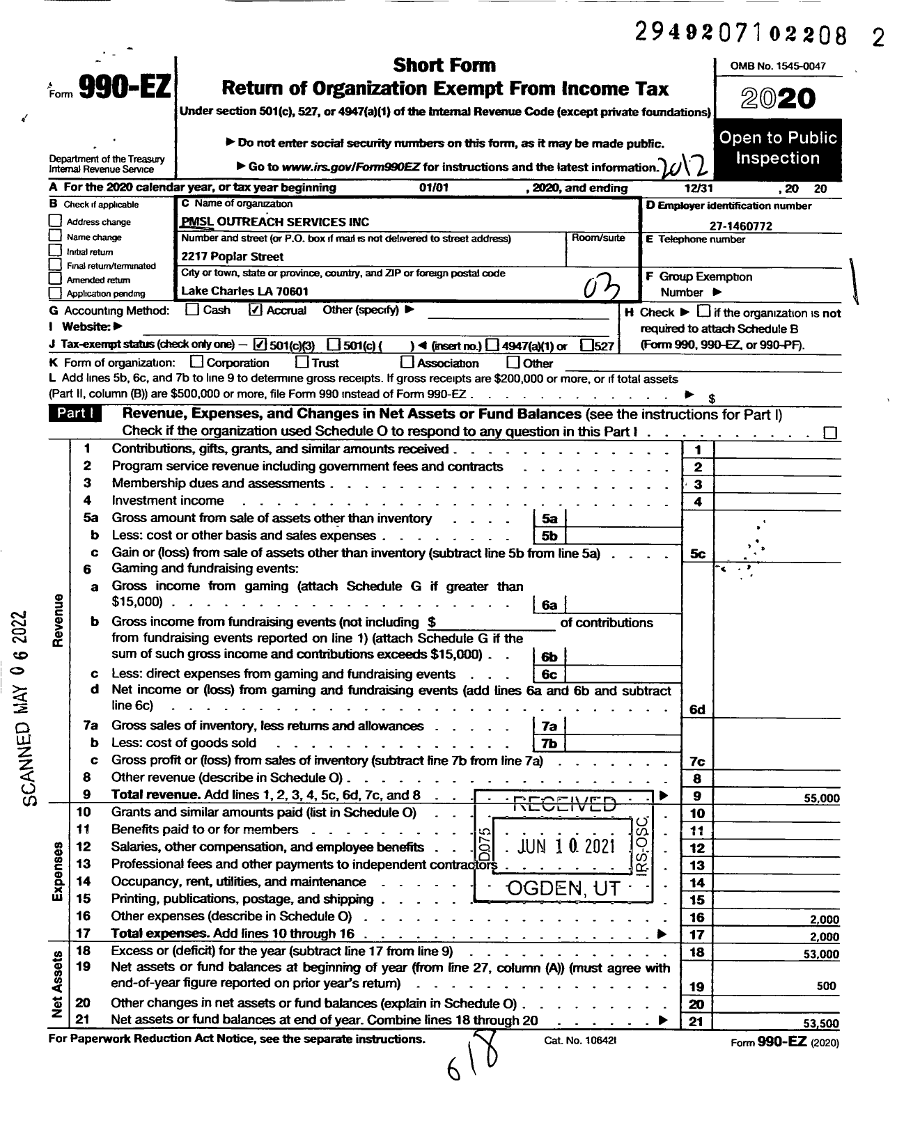 Image of first page of 2020 Form 990EZ for PMSL Outreach Services