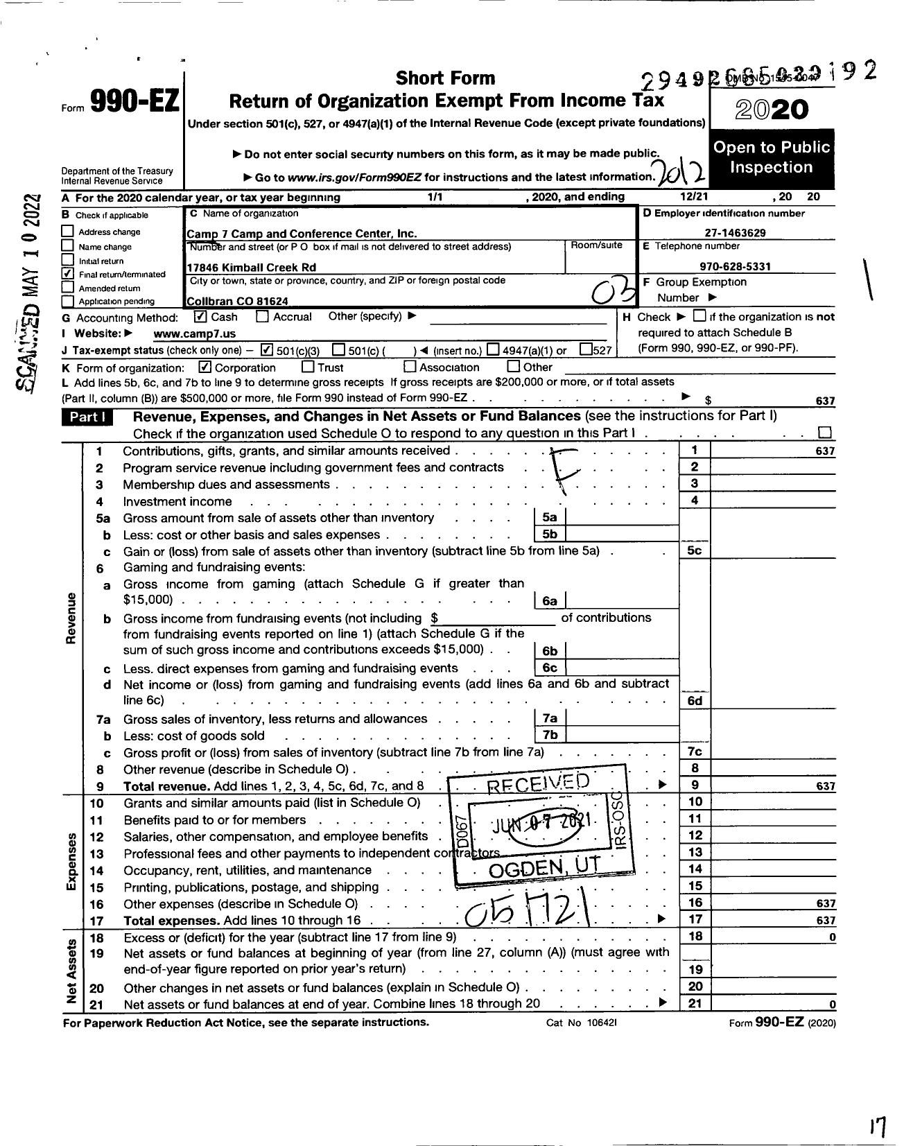 Image of first page of 2020 Form 990EZ for Camp 7 Camp and Conference Center