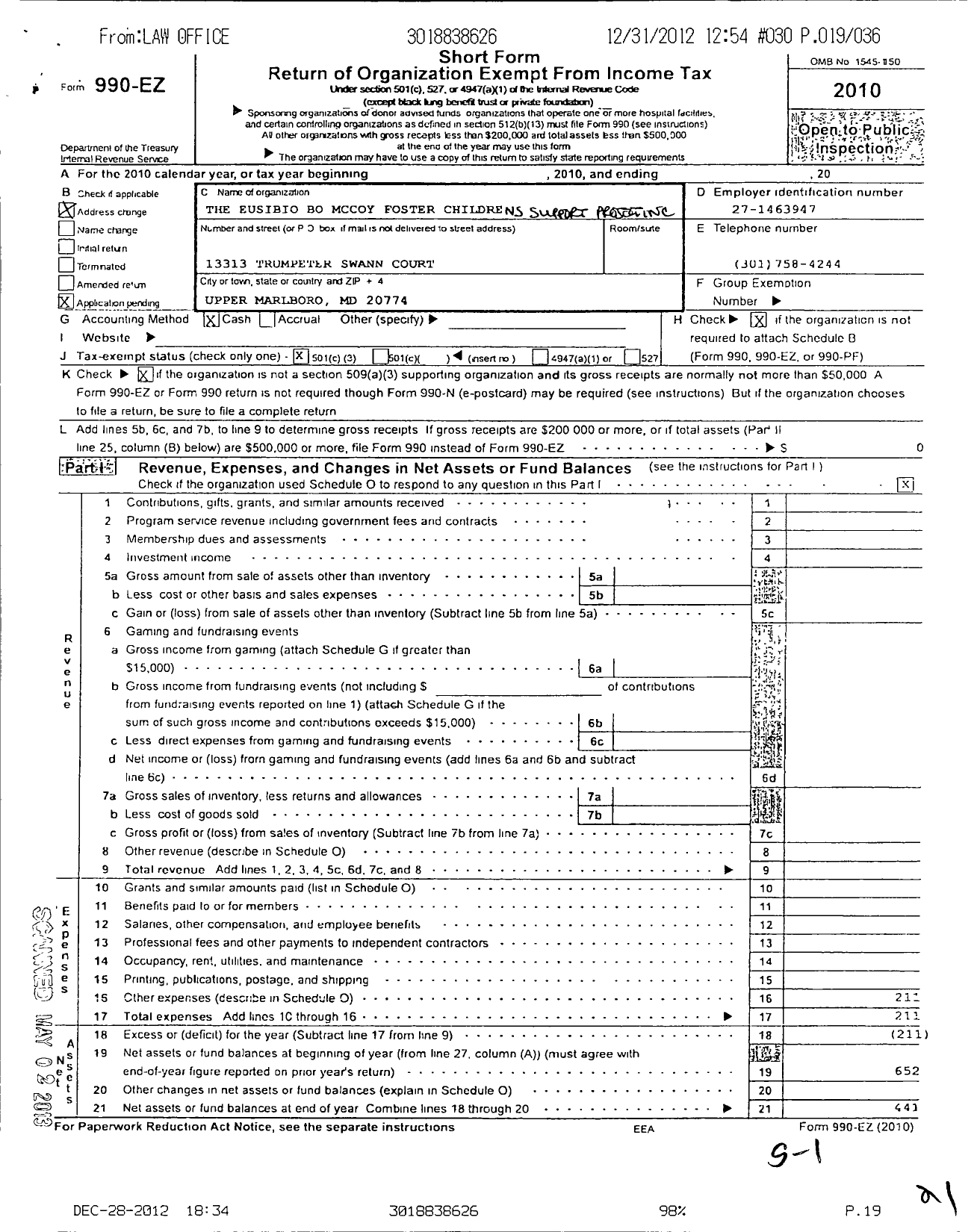 Image of first page of 2010 Form 990EZ for Eusibio Bo Mccoy Foster Childrens Support Project