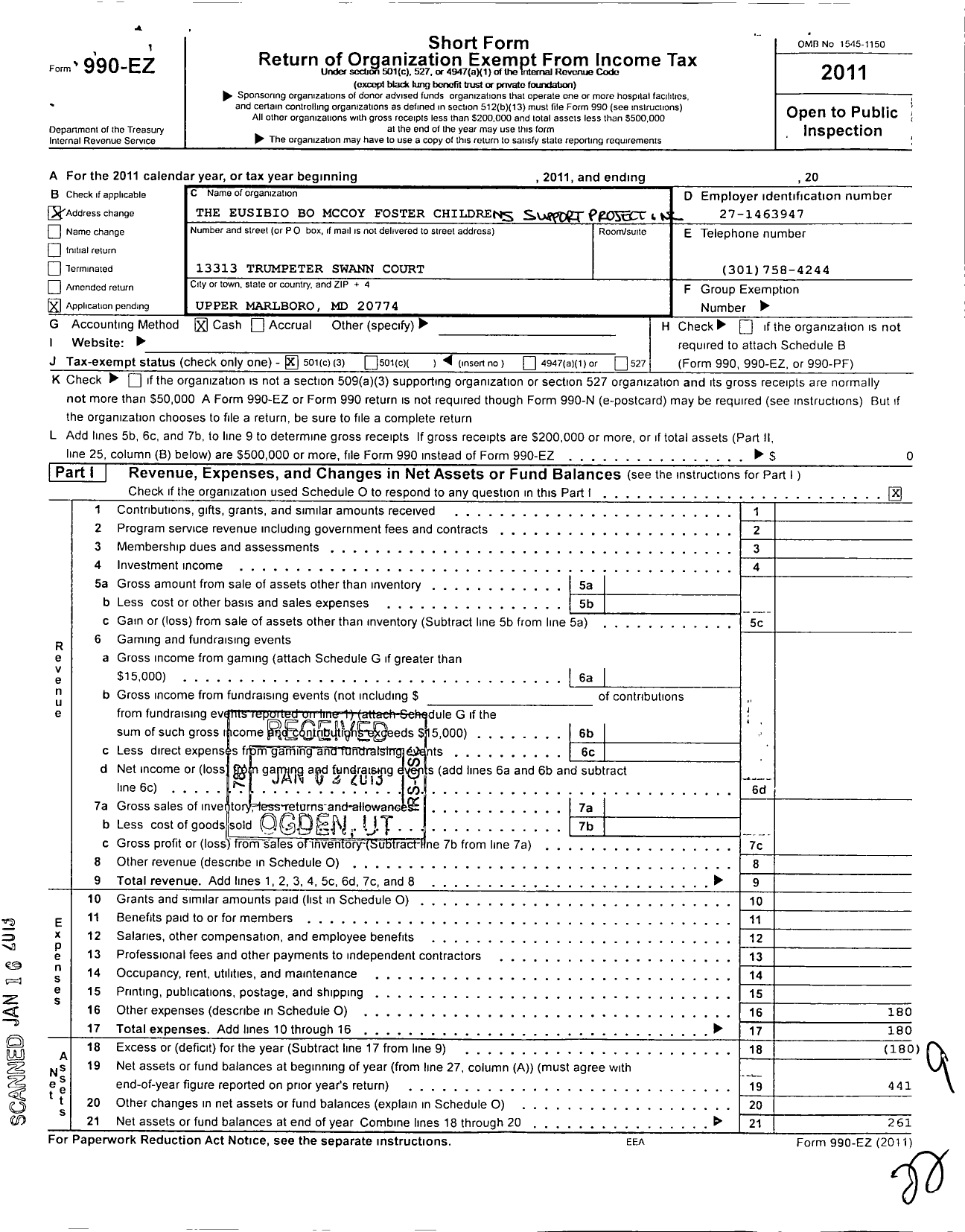 Image of first page of 2011 Form 990EZ for Eusibio Bo Mccoy Foster Childrens Support Project