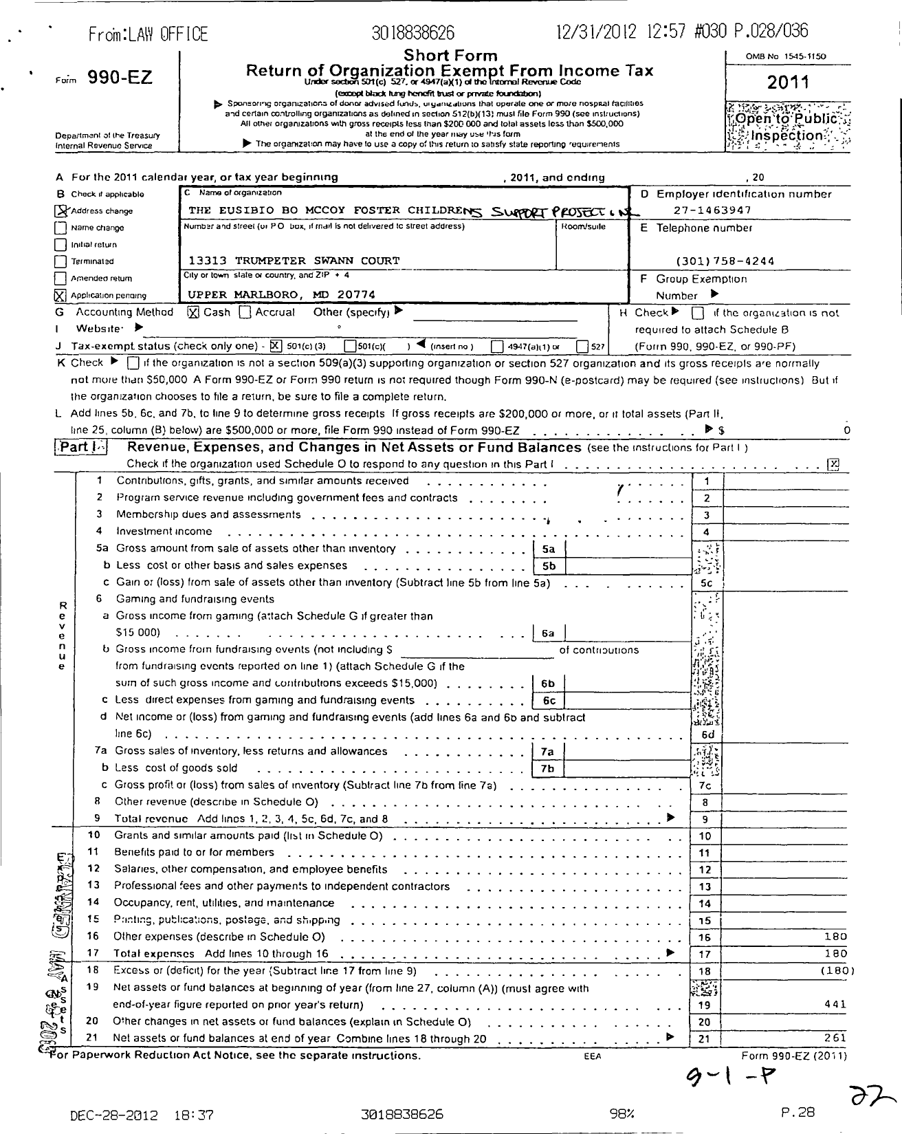 Image of first page of 2011 Form 990EZ for Eusibio Bo Mccoy Foster Childrens Support Project