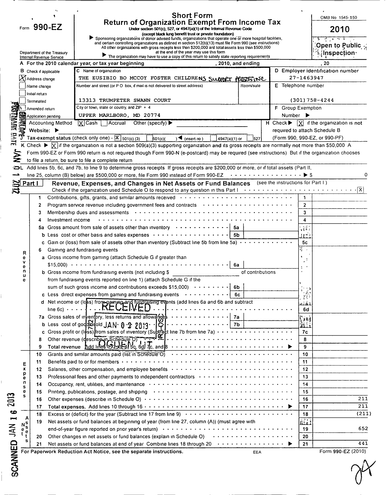 Image of first page of 2010 Form 990EZ for Eusibio Bo Mccoy Foster Childrens Support Project