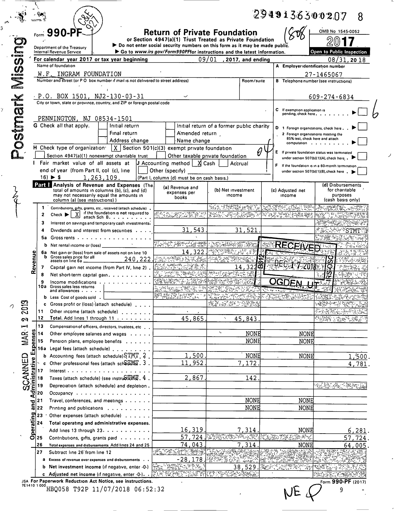 Image of first page of 2017 Form 990PF for WF Ingram Foundation