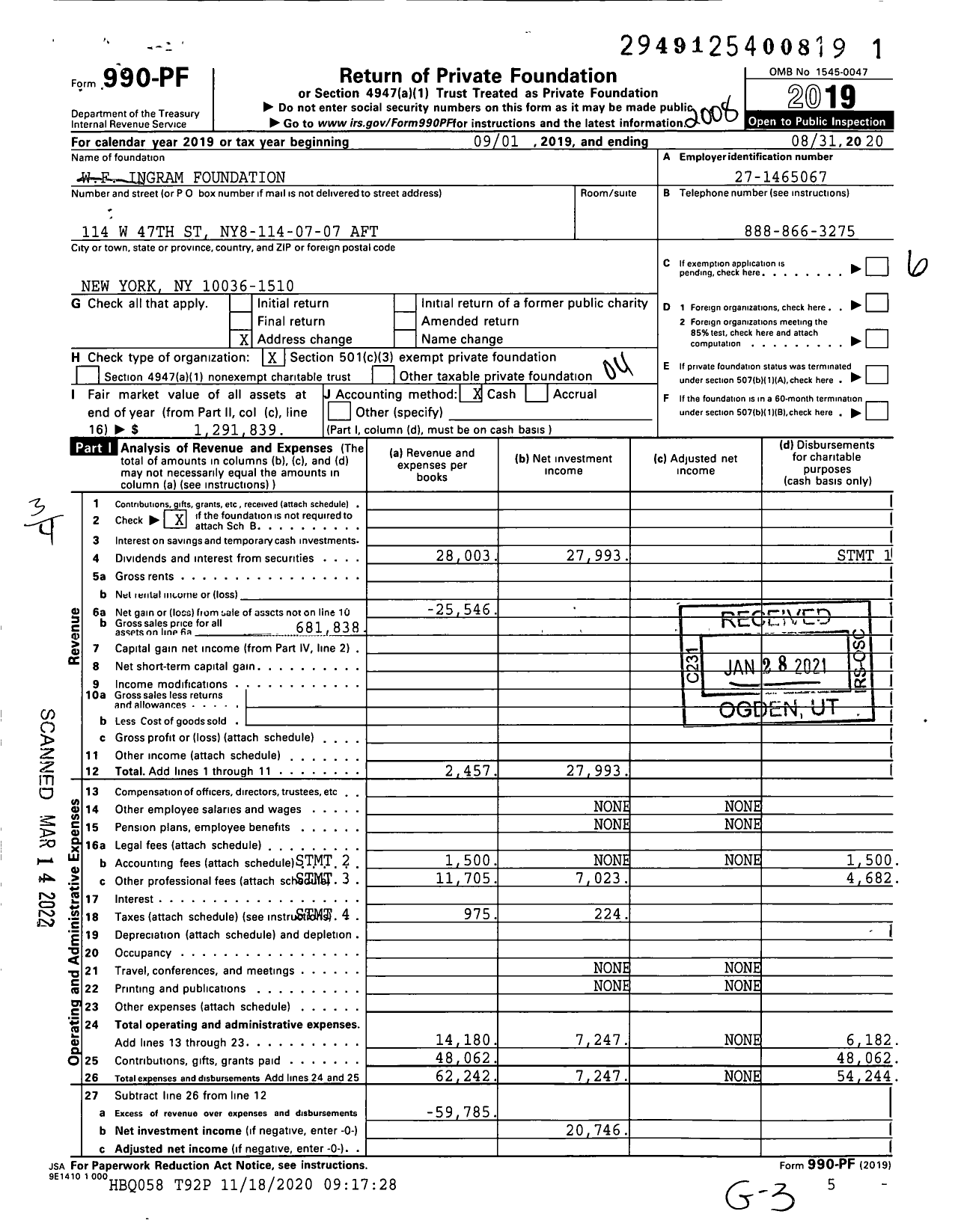 Image of first page of 2019 Form 990PF for WF Ingram Foundation