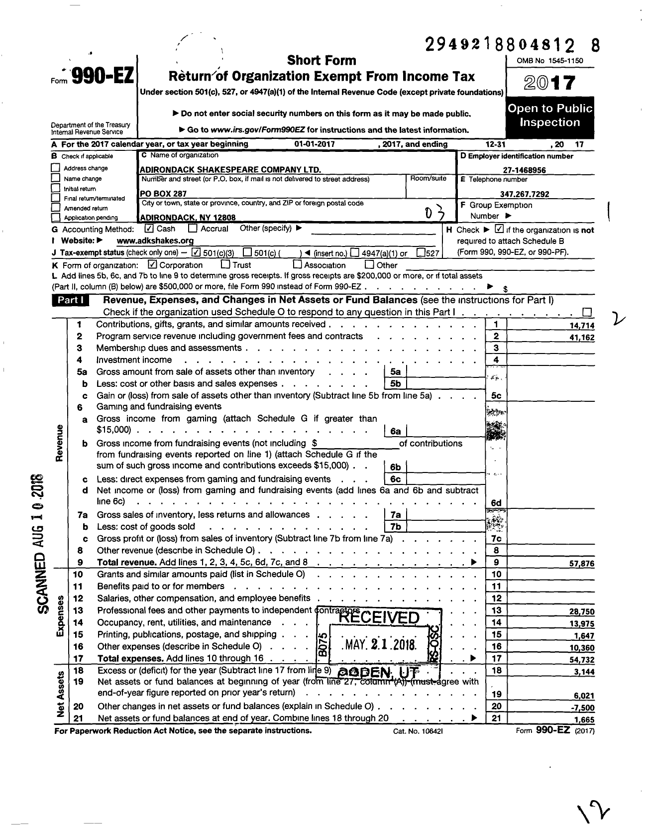 Image of first page of 2017 Form 990EZ for Adirondack Shakespeare Company