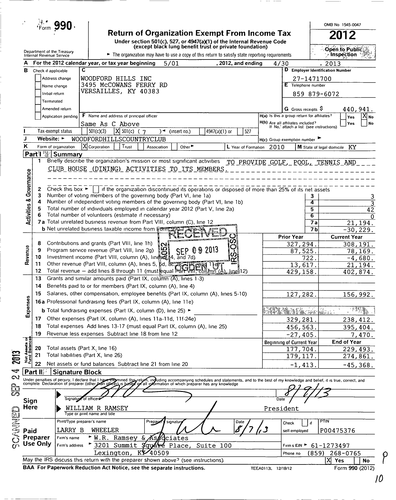 Image of first page of 2012 Form 990O for Woodford Hills