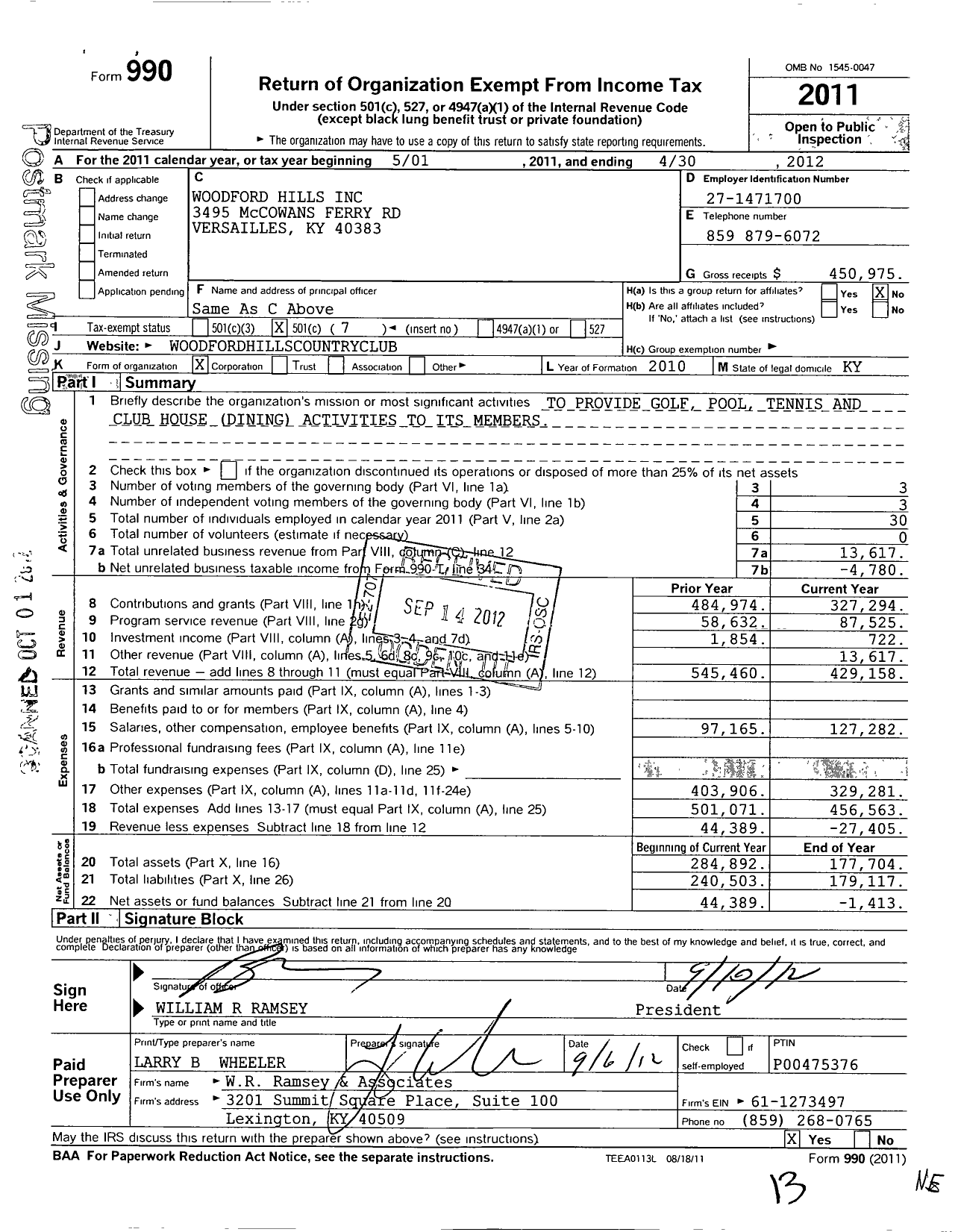 Image of first page of 2011 Form 990O for Woodford Hills