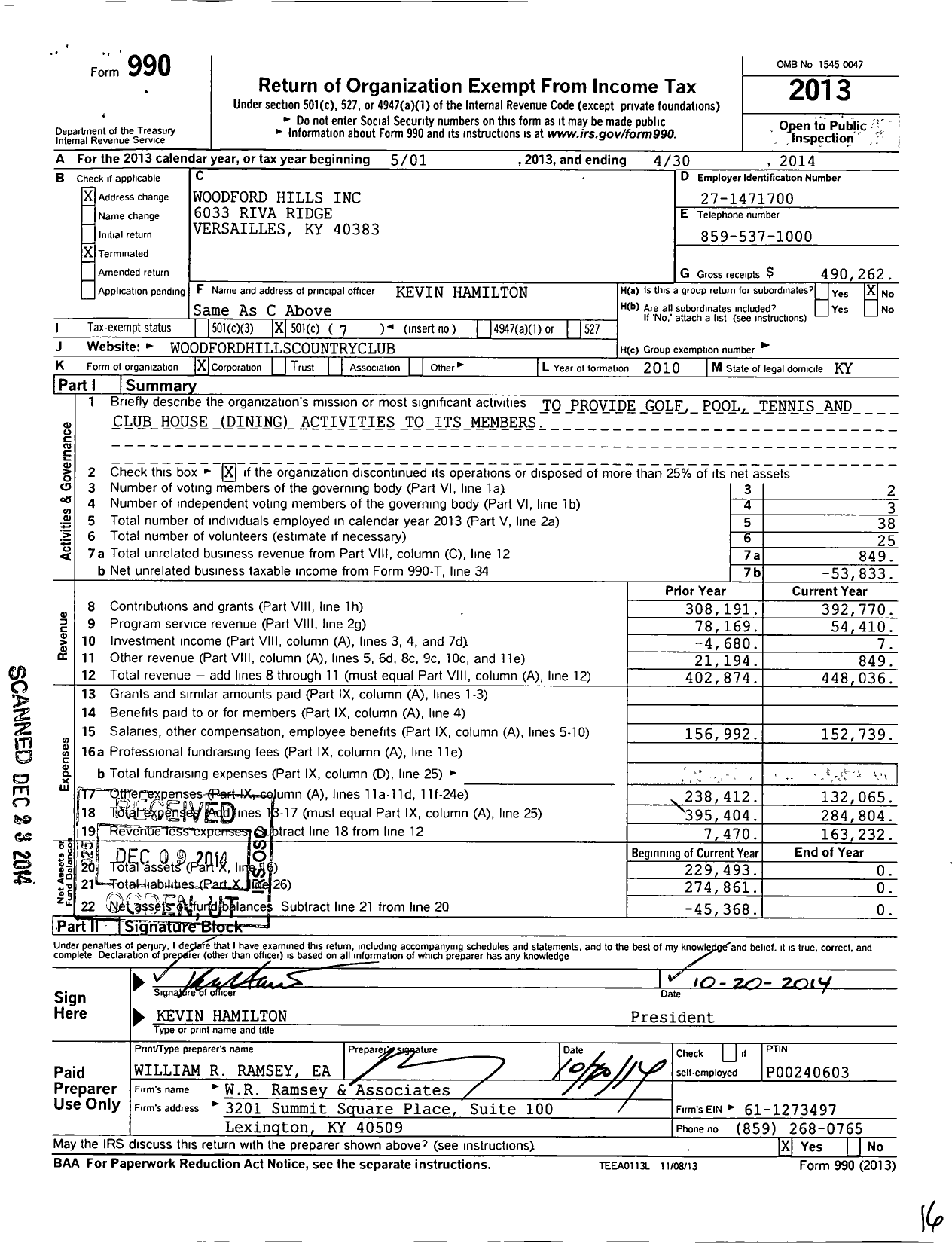 Image of first page of 2013 Form 990O for Woodford Hills