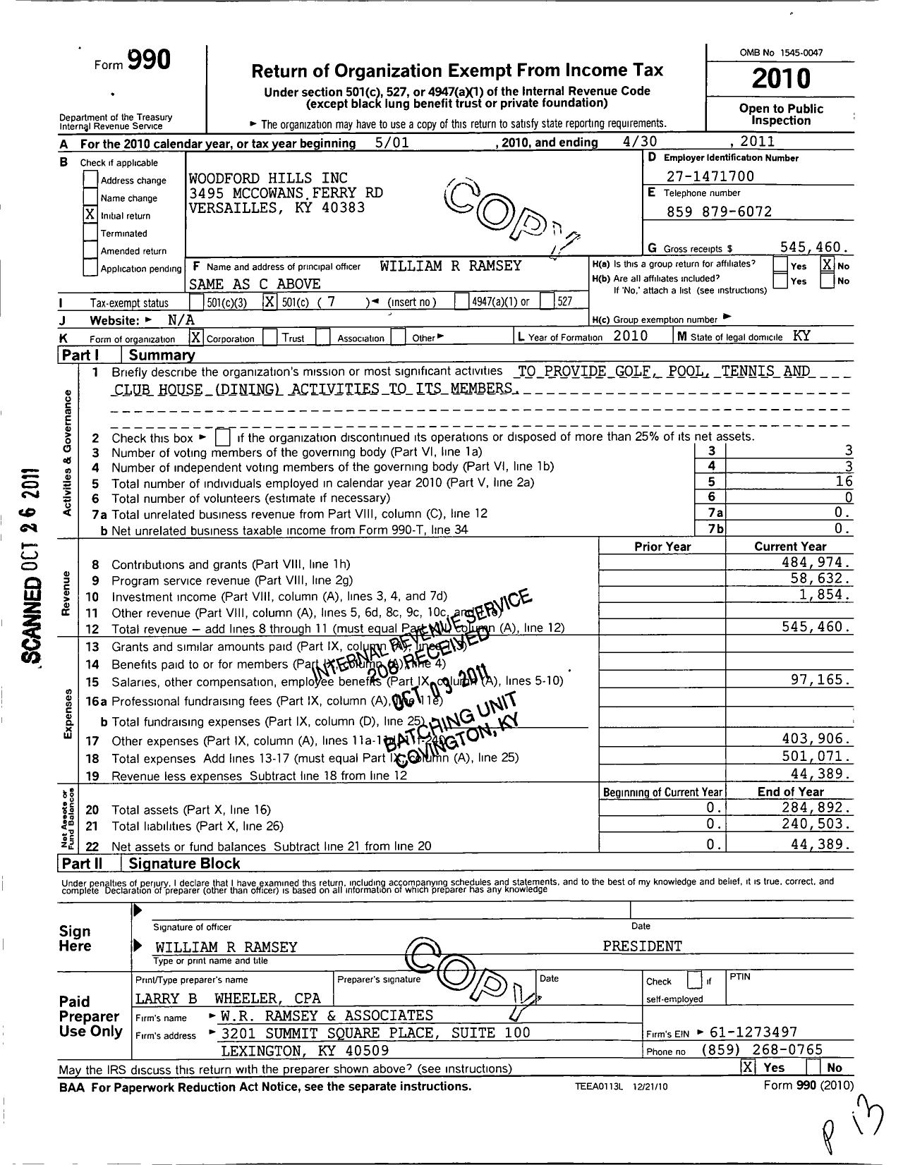 Image of first page of 2010 Form 990O for Woodford Hills