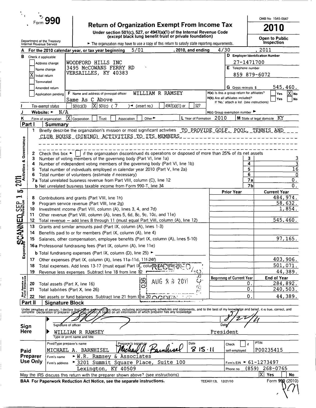 Image of first page of 2010 Form 990O for Woodford Hills