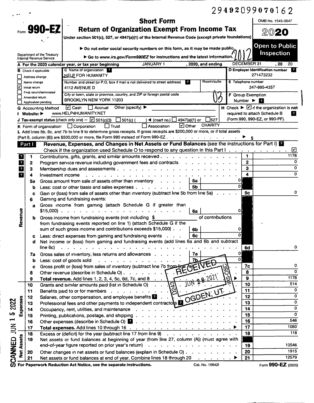 Image of first page of 2020 Form 990EZ for Help for Humanity