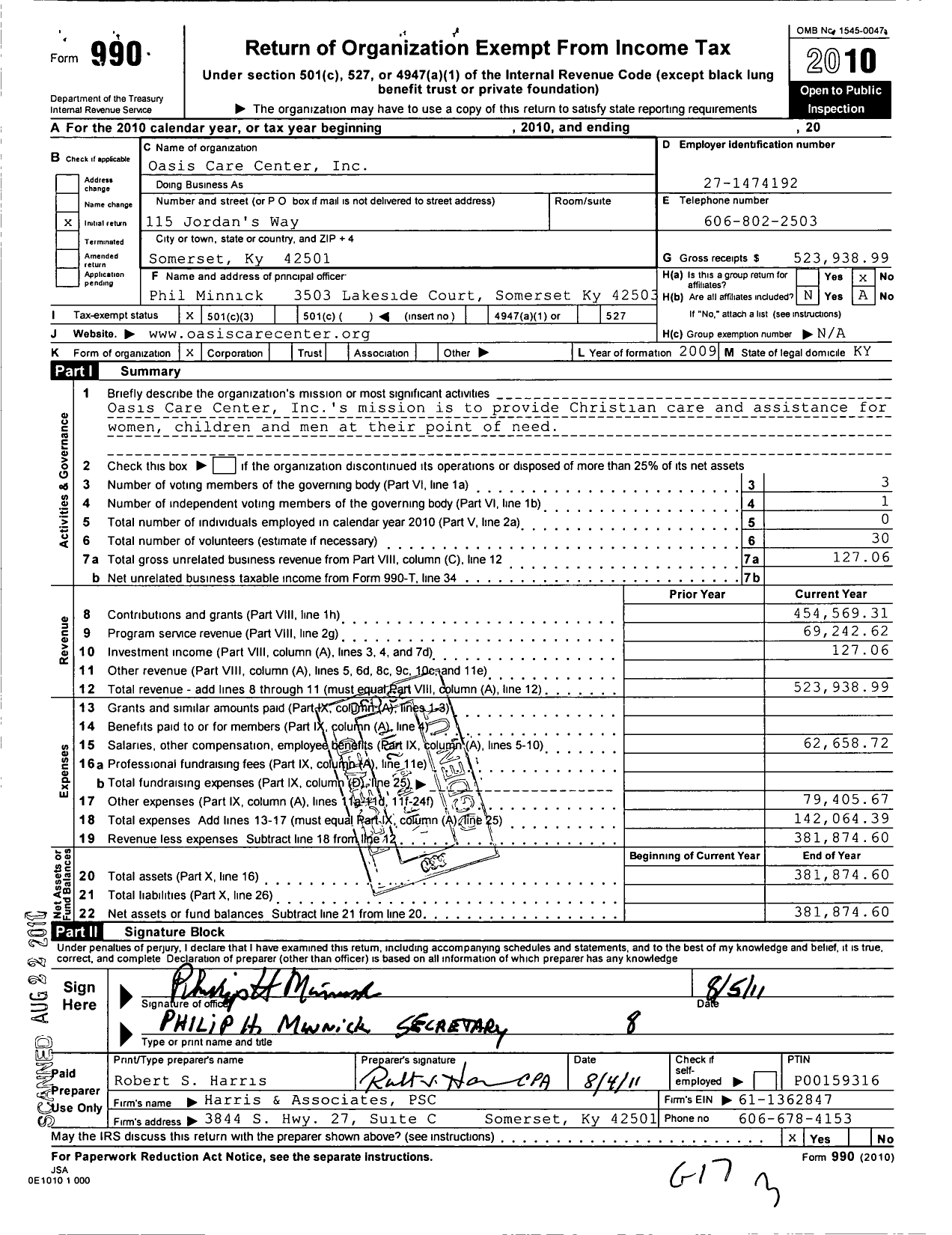 Image of first page of 2010 Form 990 for Oasis Care Center