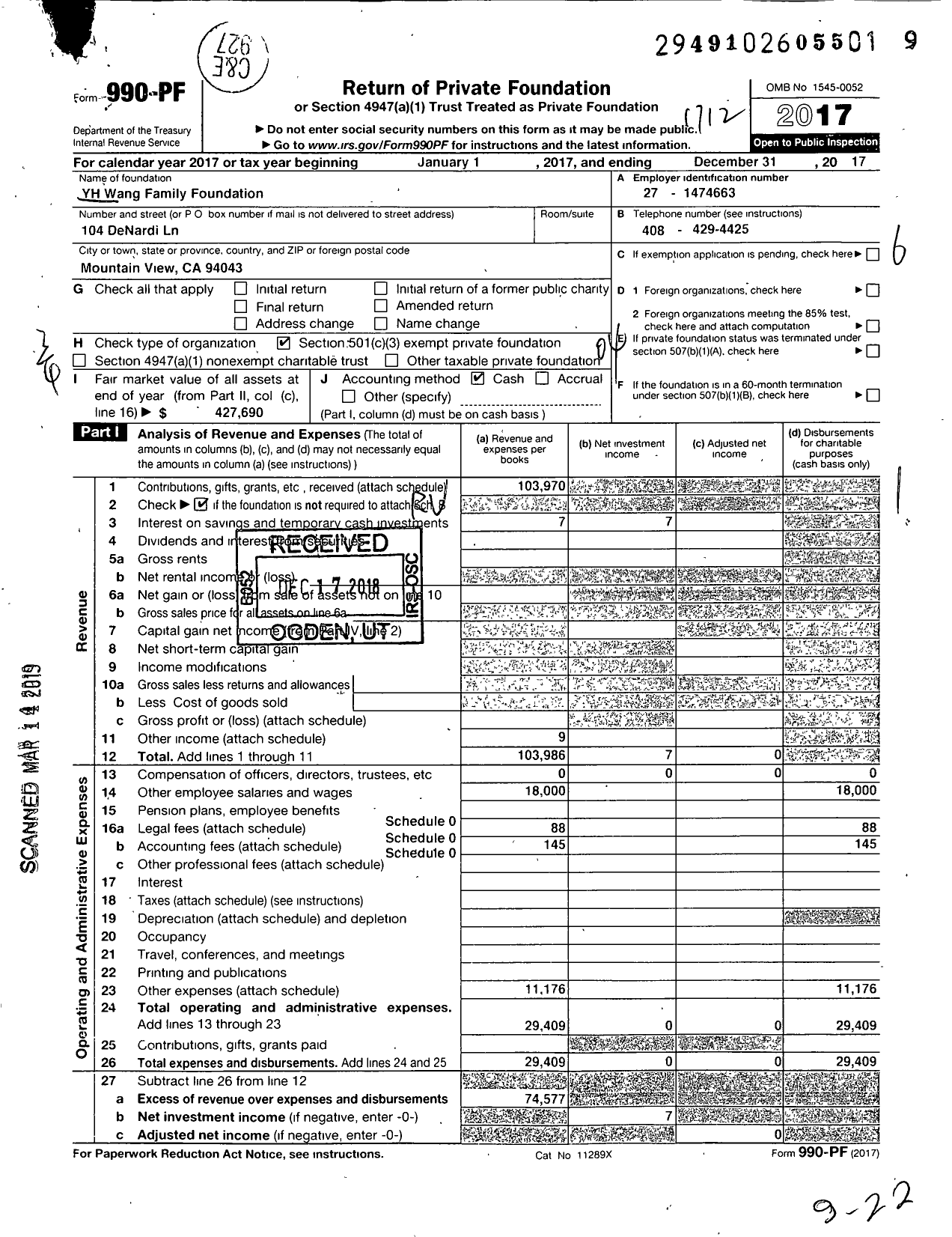 Image of first page of 2017 Form 990PF for YH Wang FAMILY FOUNDATION
