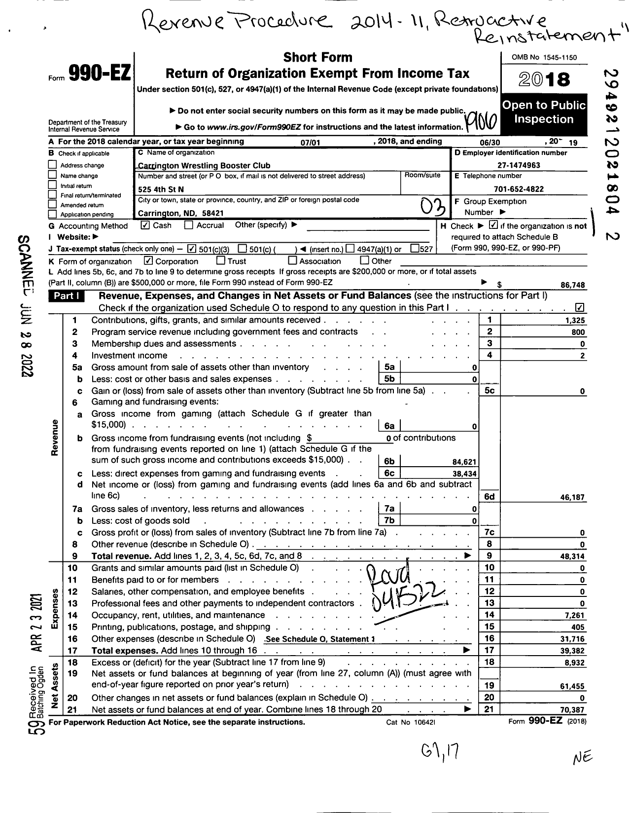 Image of first page of 2018 Form 990EZ for Carrington Wrestling Booster Club