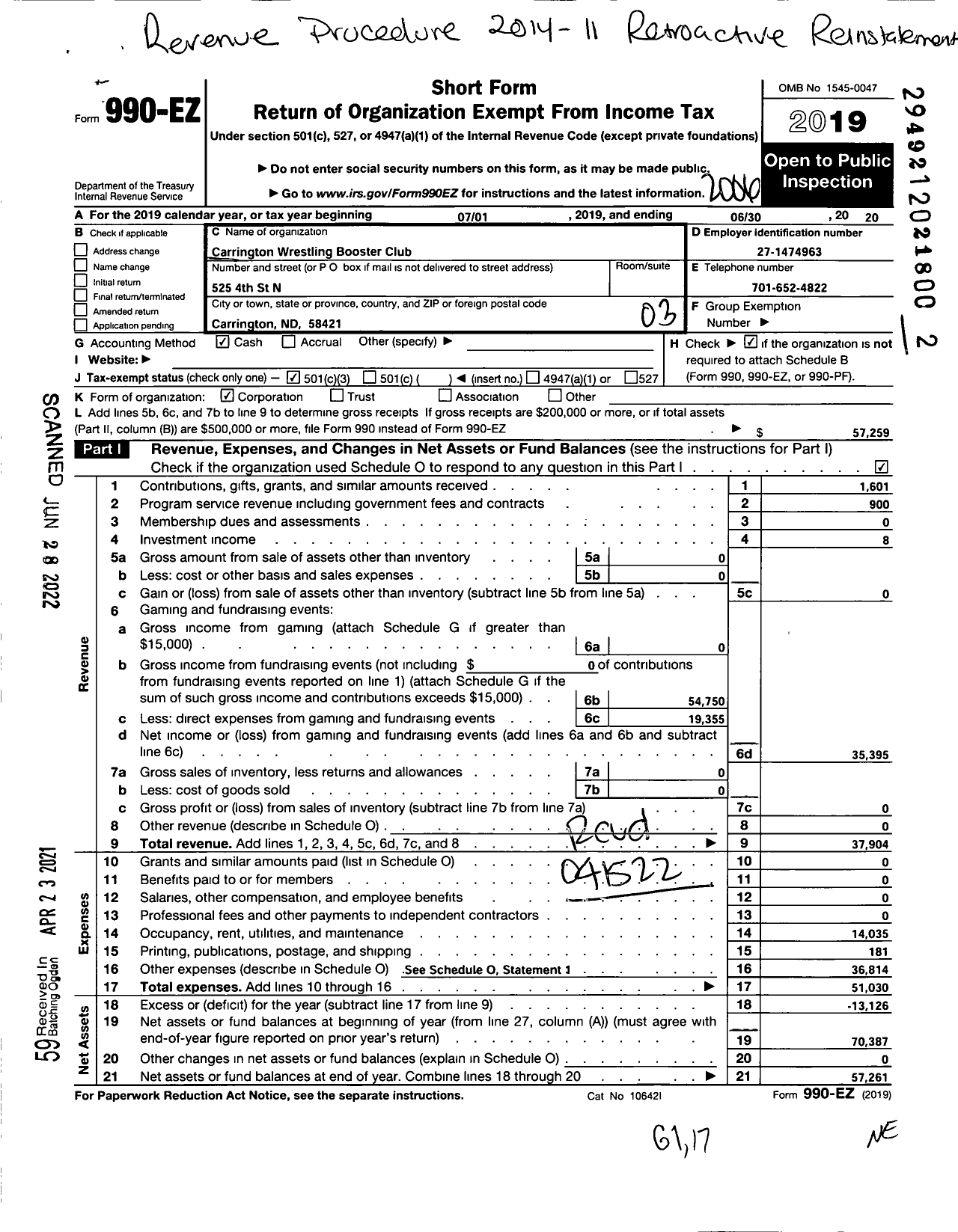 Image of first page of 2019 Form 990EZ for Carrington Wrestling Booster Club