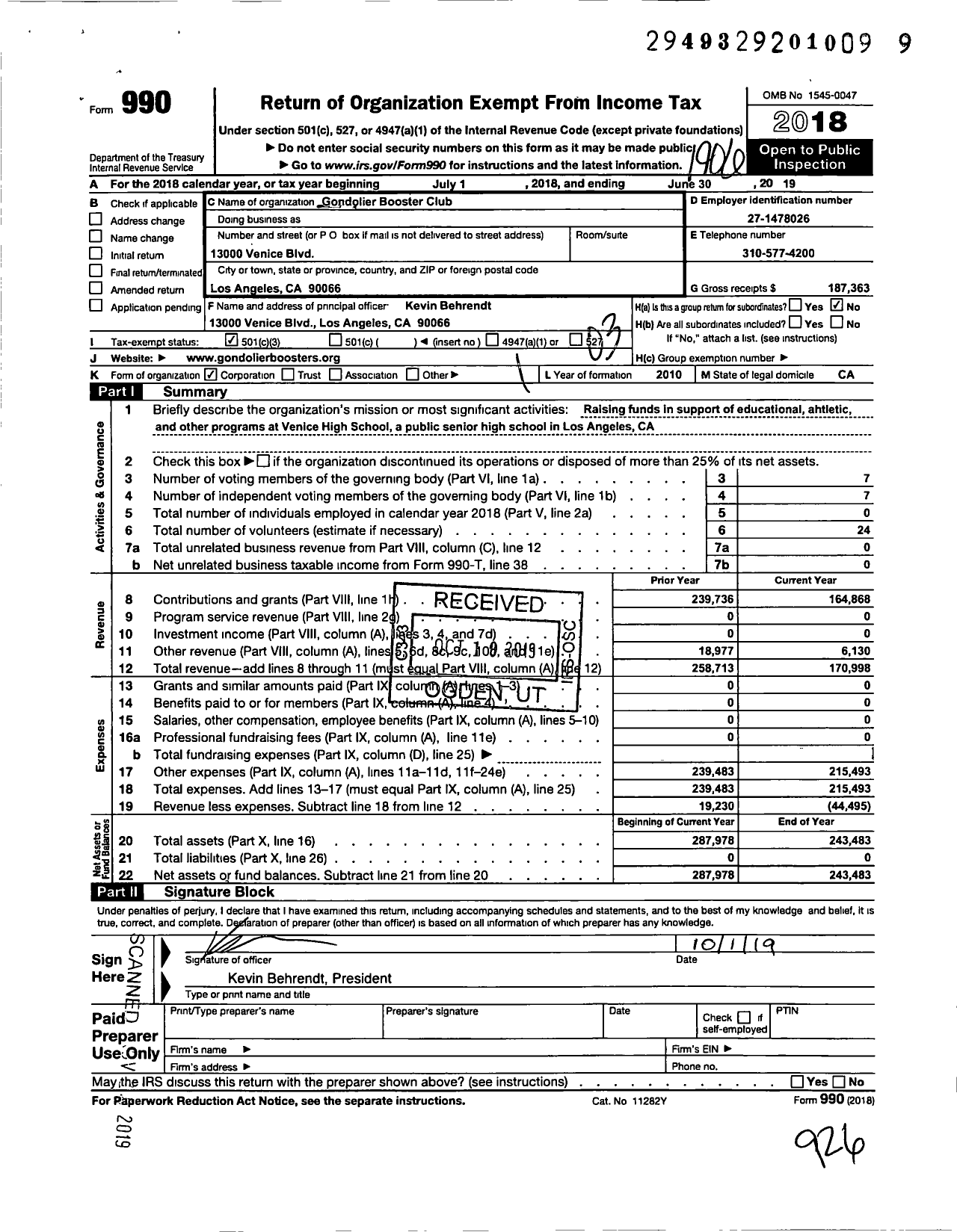 Image of first page of 2018 Form 990 for Gondolier Booster Club