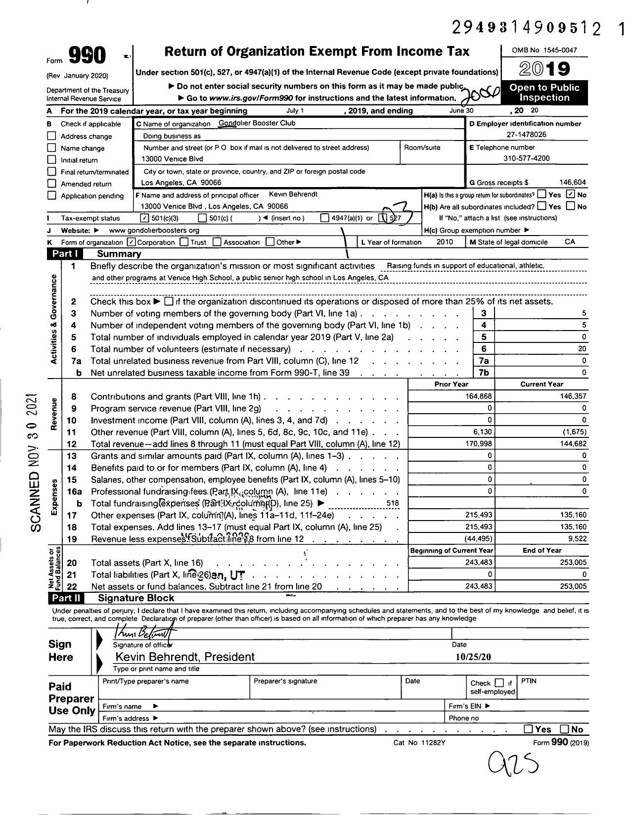 Image of first page of 2019 Form 990 for Gondolier Booster Club